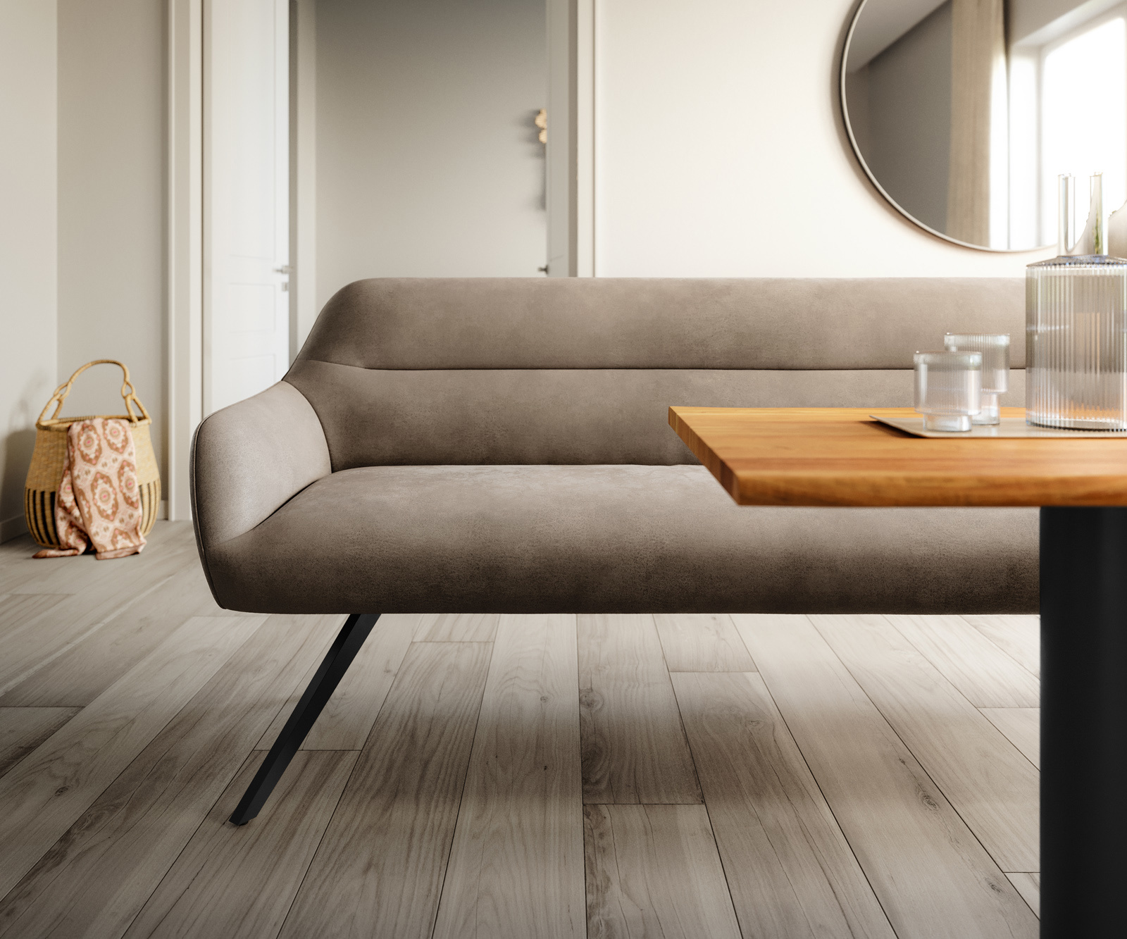 Jedálenská lavica Taya-Flex 300 cm mikrovlákno taupe vintage krížová podstava hranatá čierna vrecková pružina - Image 2