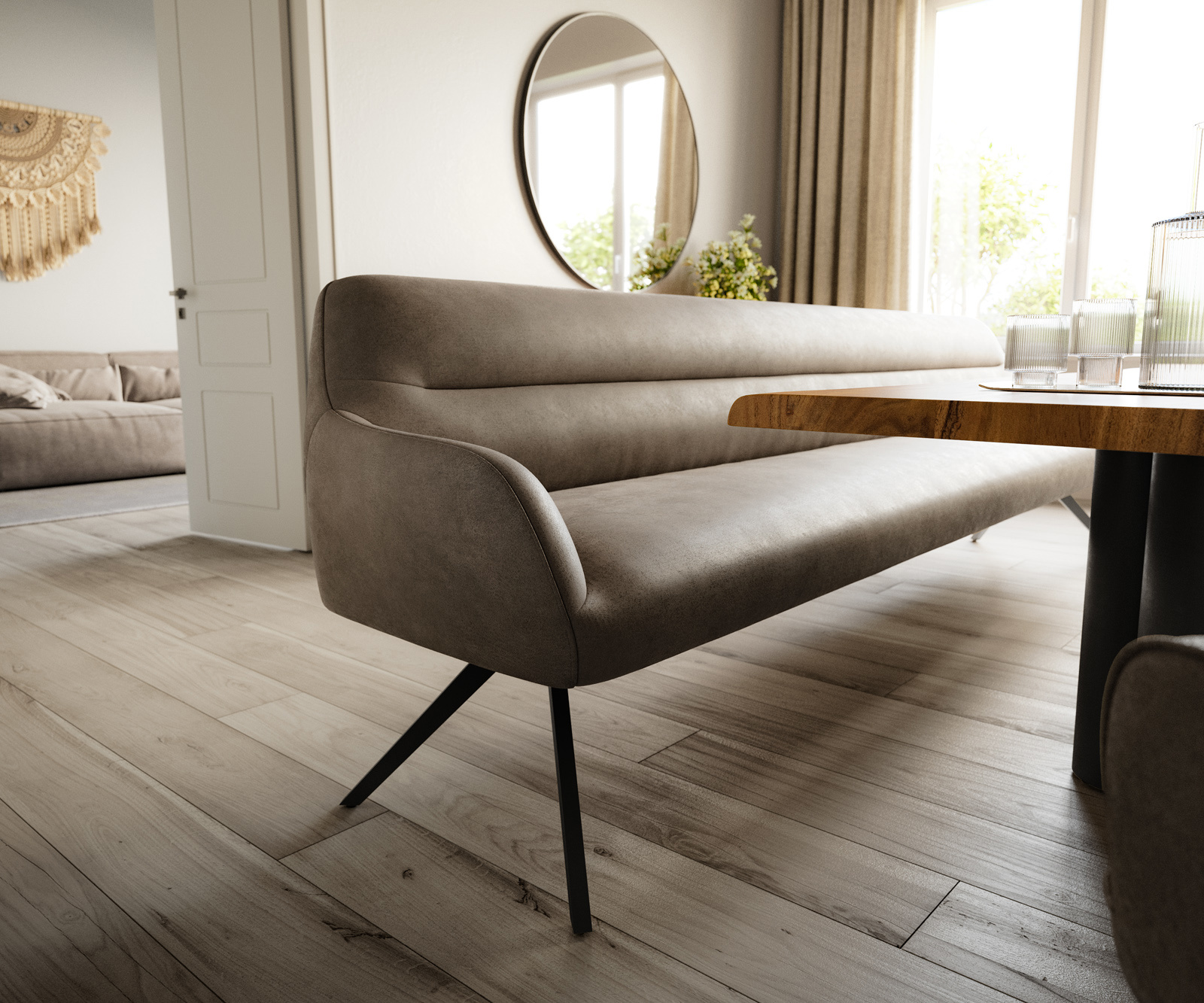 Jedálenská lavica Taya-Flex 300 cm mikrovlákno taupe vintage krížová podstava hranatá čierna vrecková pružina - Image 5