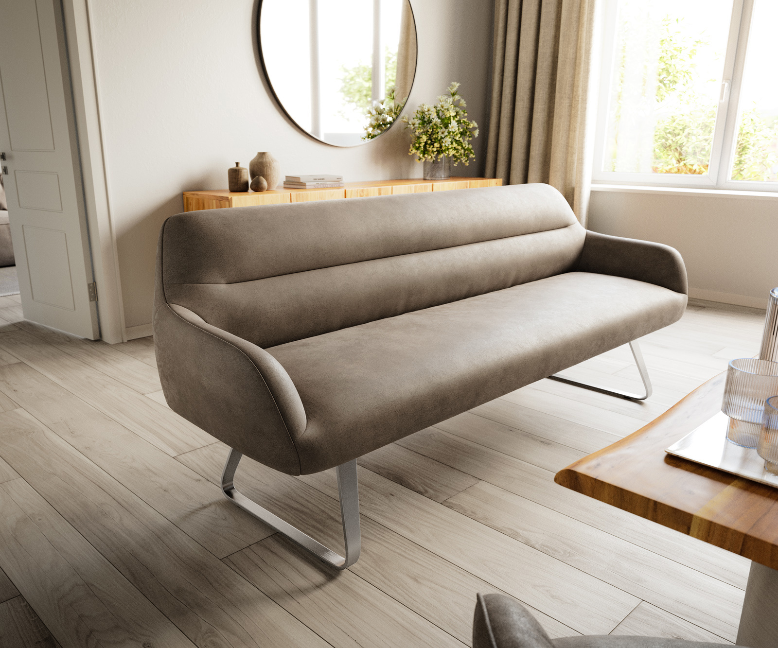 Jedálenská lavica Taya-Flex 200 cm mikrovlákno taupe vintage tenká podstava plochá nerezová oceľ vrecková pružina