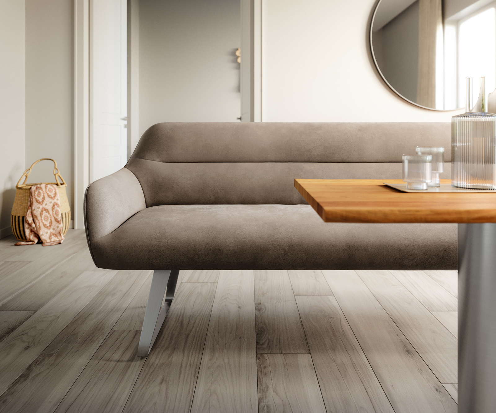 Jedálenská lavica Taya-Flex 200 cm mikrovlákno taupe vintage tenká podstava plochá nerezová oceľ vrecková pružina - Image 2