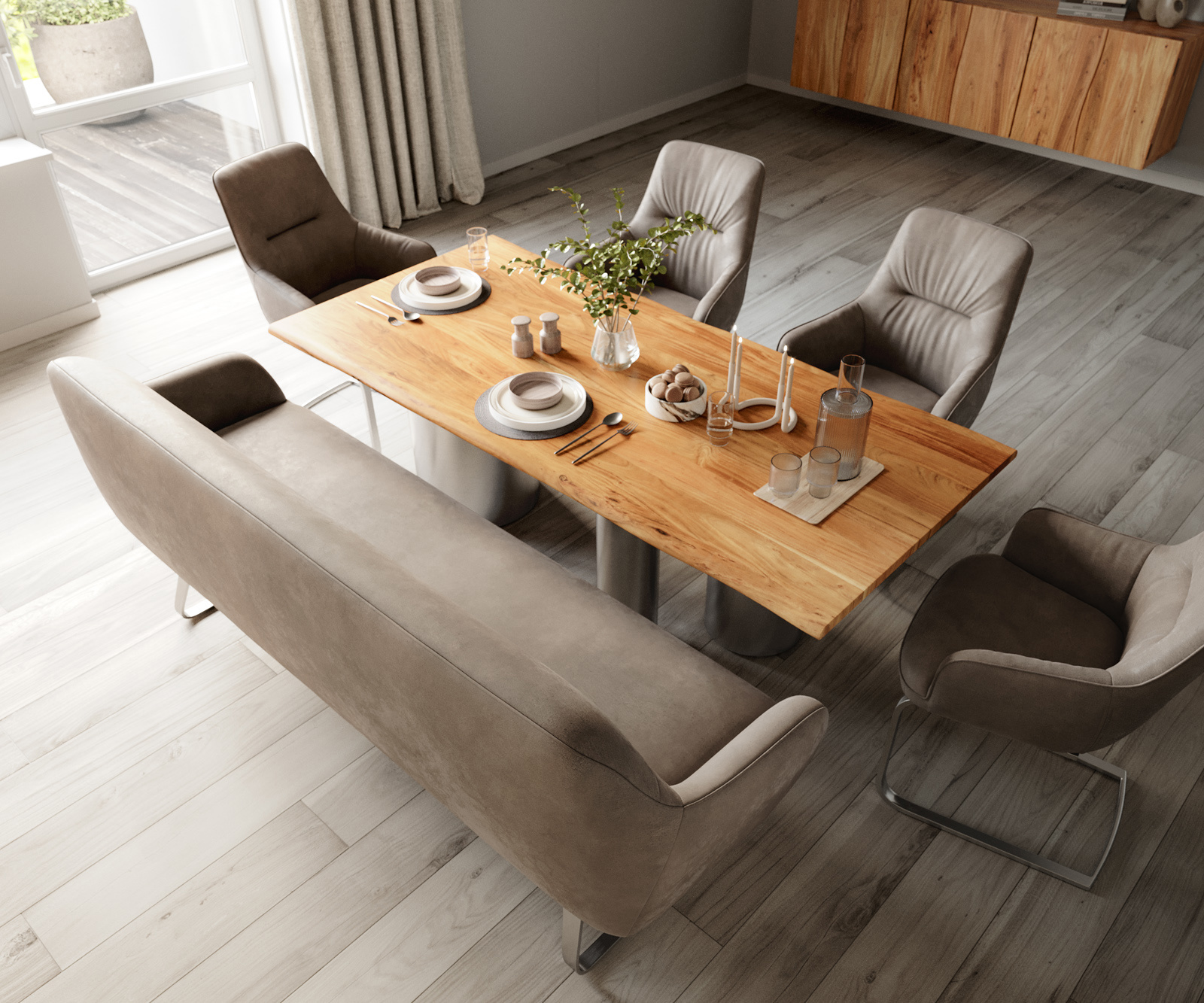 Jedálenská lavica Taya-Flex 200 cm mikrovlákno taupe vintage tenká podstava plochá nerezová oceľ vrecková pružina - Image 4