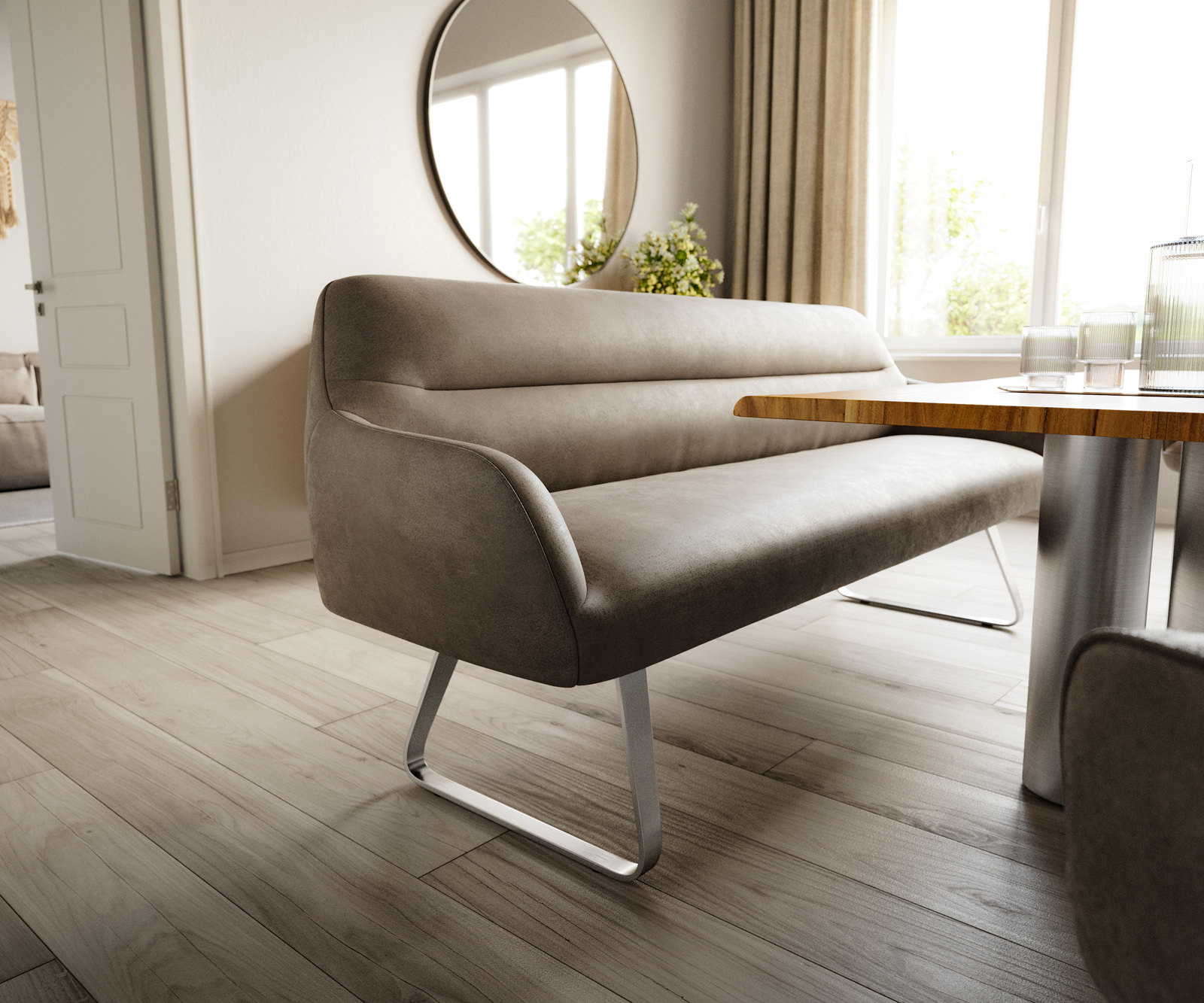 Jedálenská lavica Taya-Flex 200 cm mikrovlákno taupe vintage tenká podstava plochá nerezová oceľ vrecková pružina - Image 5