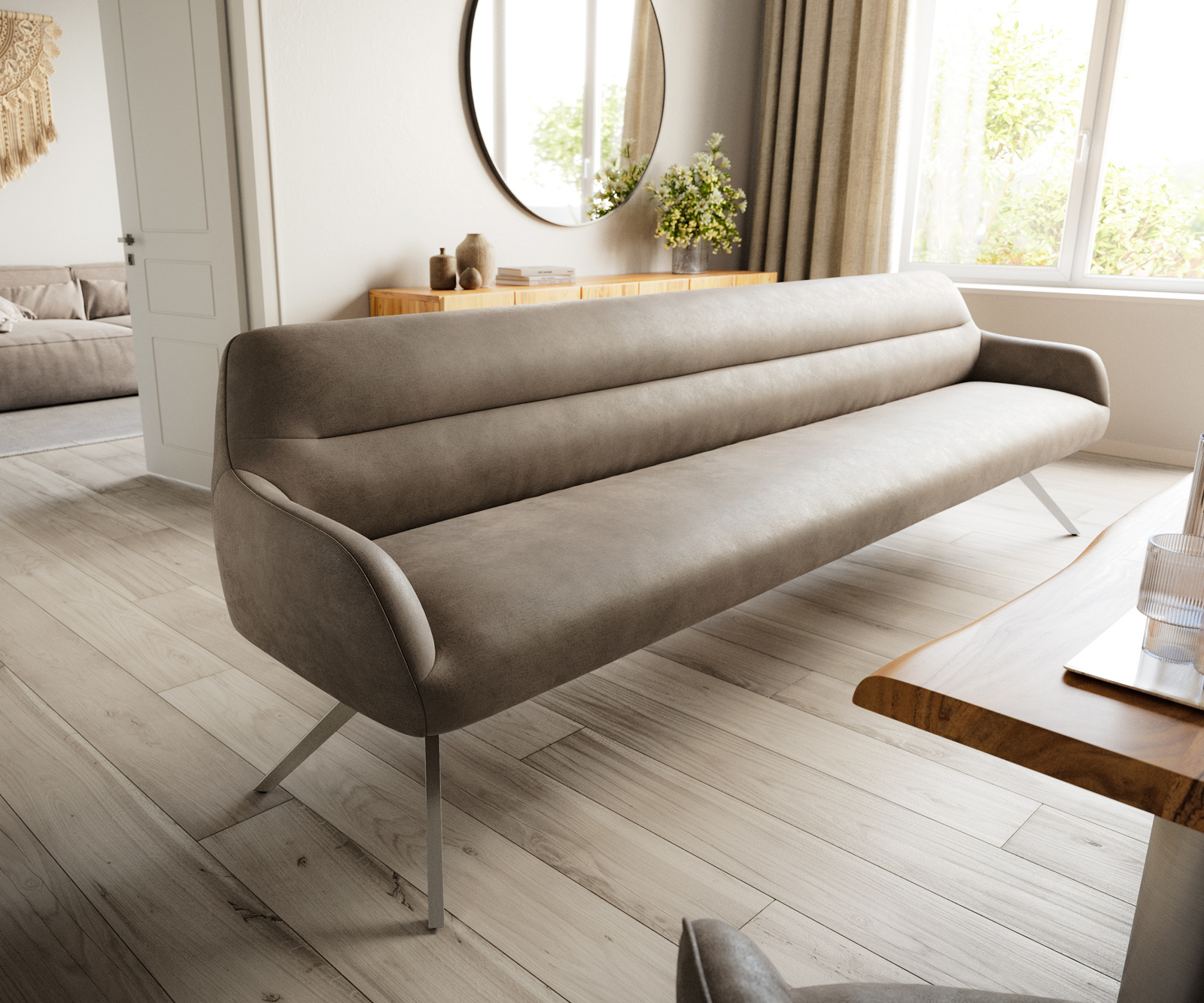 Jedálenská lavica Taya-Flex 300 cm mikrovlákno taupe vintage krížová podstava hranatá nerezová oceľ vrecková pružina