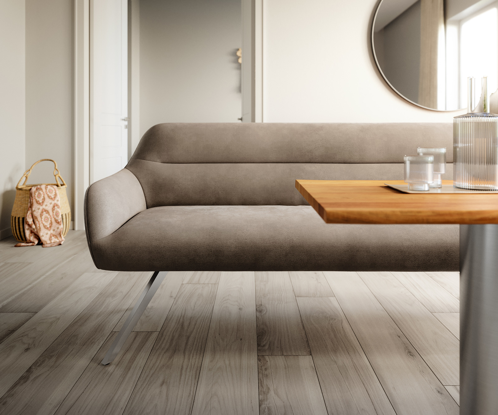 Jedálenská lavica Taya-Flex 300 cm mikrovlákno taupe vintage krížová podstava hranatá nerezová oceľ vrecková pružina - Image 2