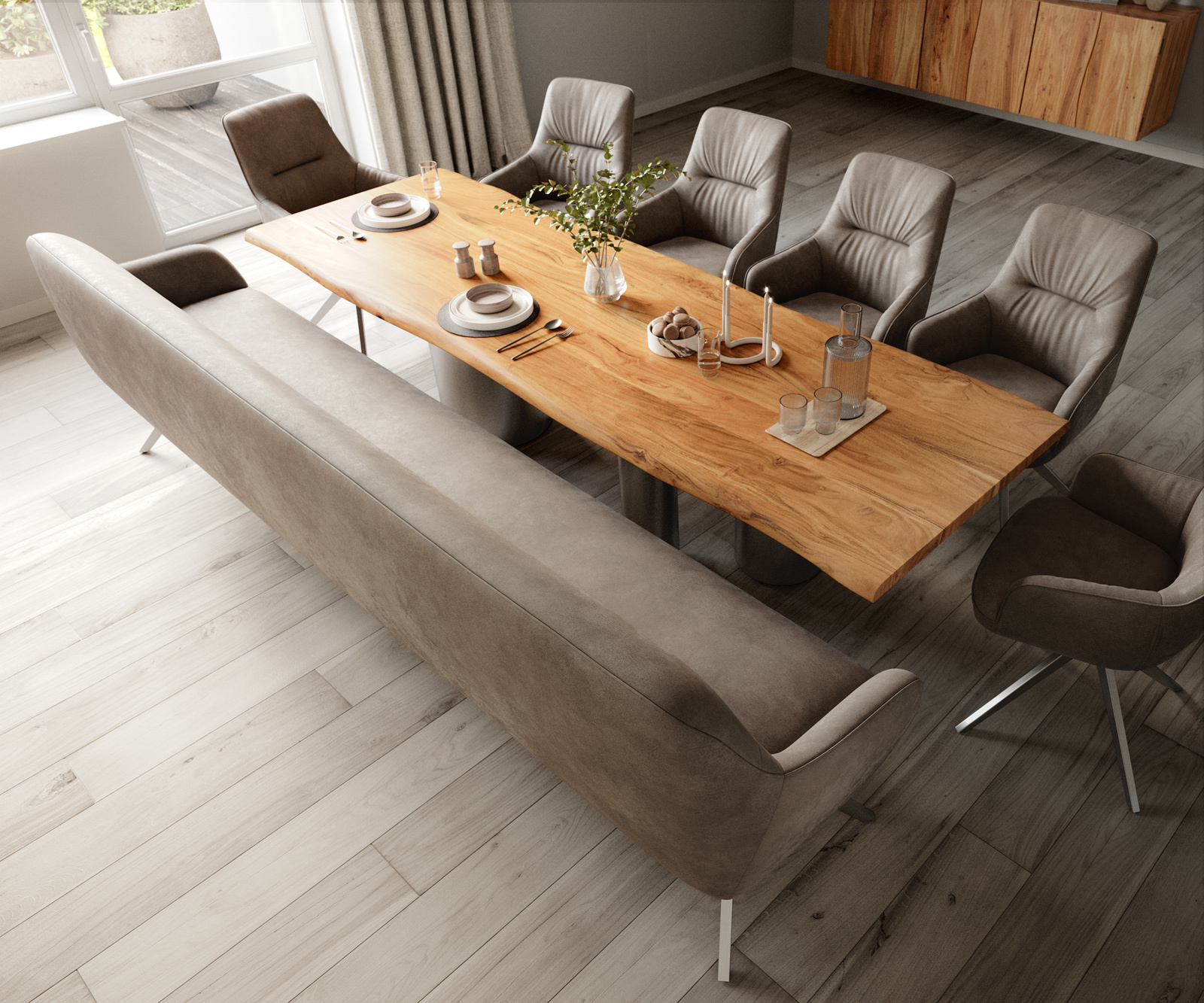 Jedálenská lavica Taya-Flex 300 cm mikrovlákno taupe vintage krížová podstava hranatá nerezová oceľ vrecková pružina - Image 4