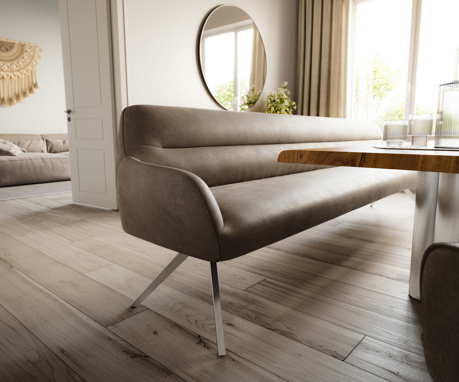 Jedálenská lavica Taya-Flex 300 cm mikrovlákno taupe vintage krížová podstava hranatá nerezová oceľ vrecková pružina - Image 5