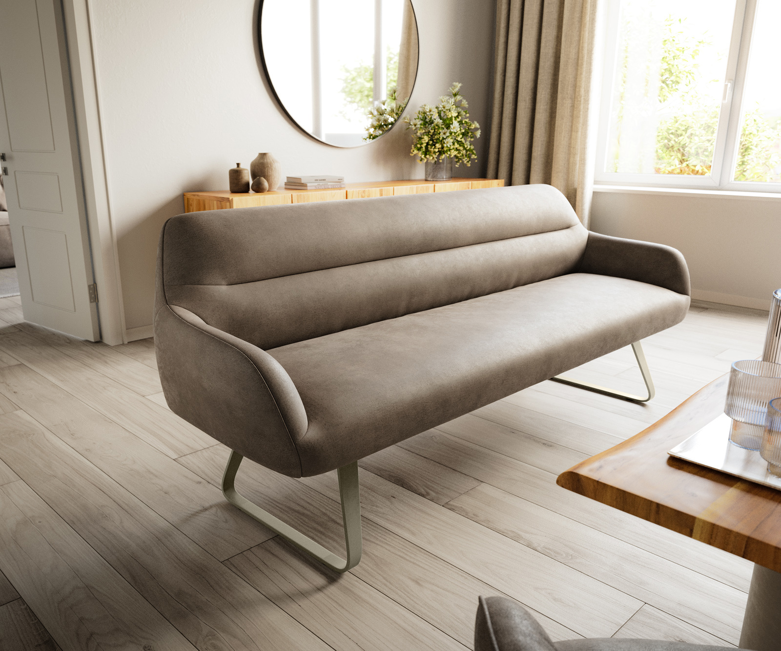 Jedálenská lavica Taya-Flex 200 cm mikrovlákno taupe vintage tenká podstava plochý titánová farba vrecková pružina