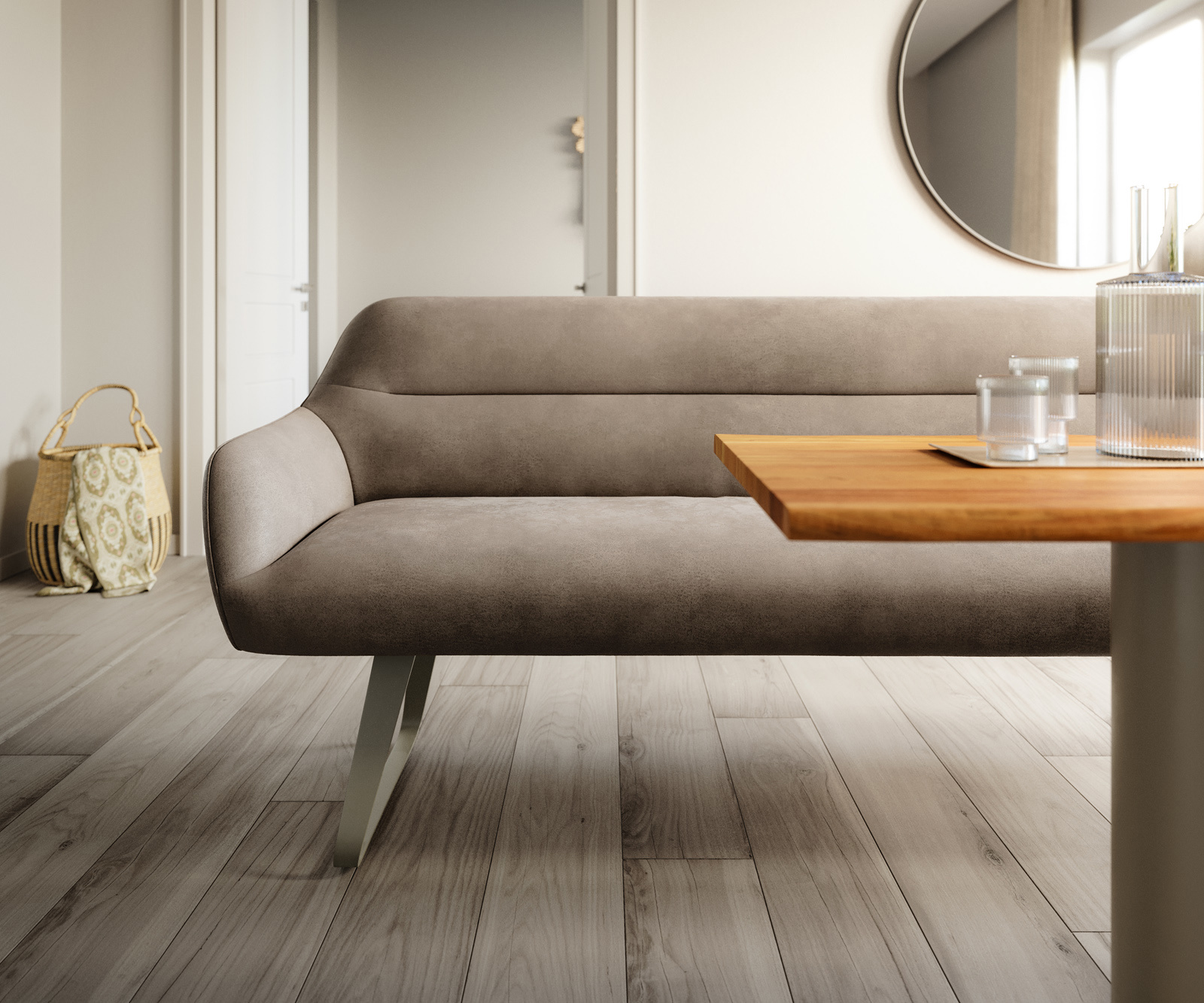 Jedálenská lavica Taya-Flex 200 cm mikrovlákno taupe vintage tenká podstava plochý titánová farba vrecková pružina - Image 2