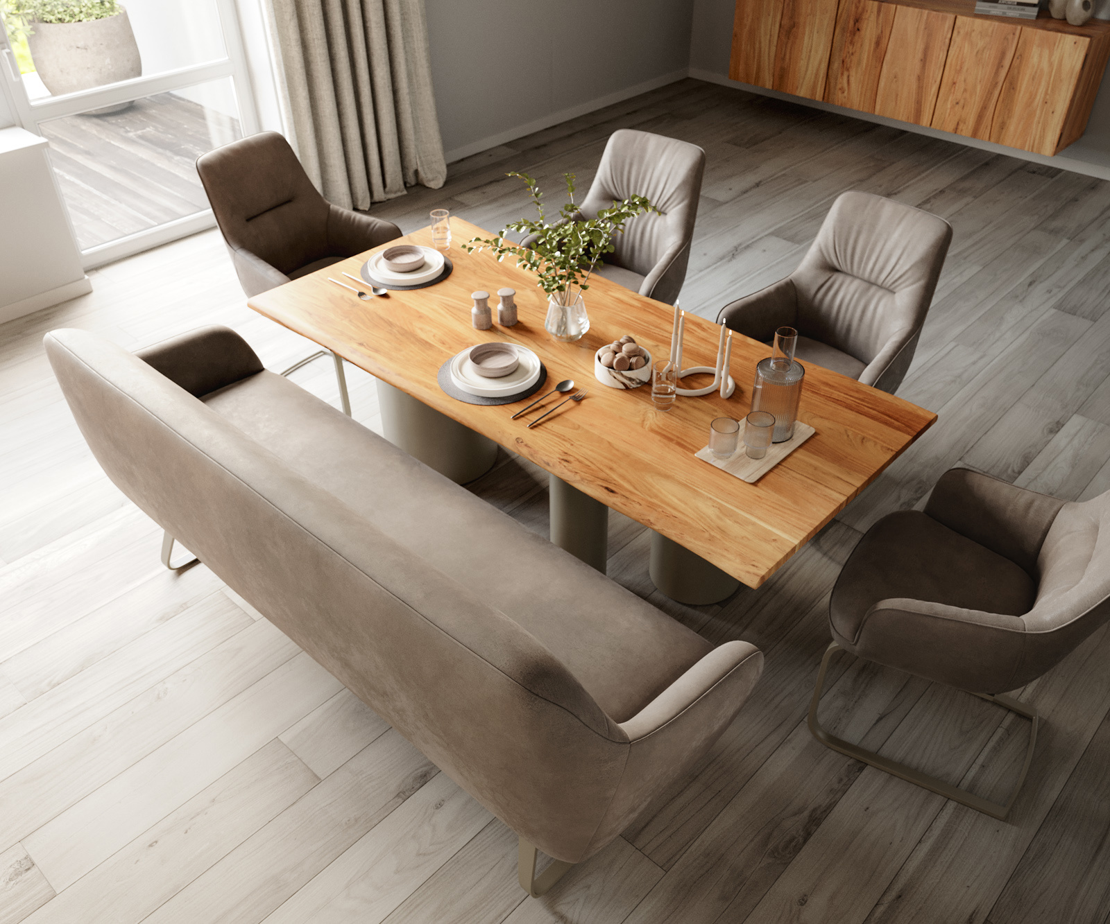 Jedálenská lavica Taya-Flex 200 cm mikrovlákno taupe vintage tenká podstava plochý titánová farba vrecková pružina - Image 4