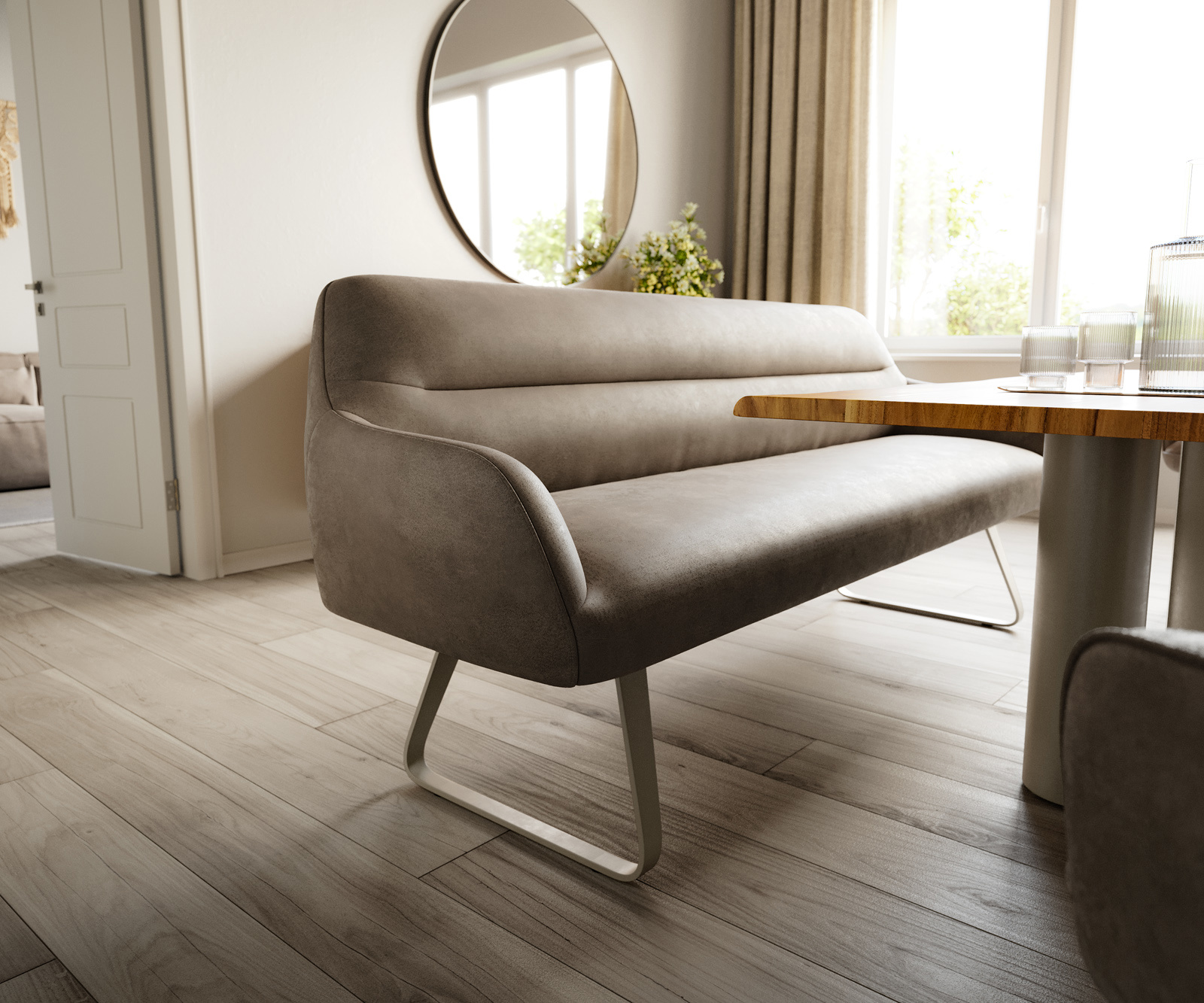 Jedálenská lavica Taya-Flex 200 cm mikrovlákno taupe vintage tenká podstava plochý titánová farba vrecková pružina - Image 5