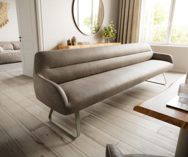 Lavica do jedálne Taya-Flex 300 cm mikrovlákno taupe vintage tenká podstava plochý titánová farba vrecková pružina