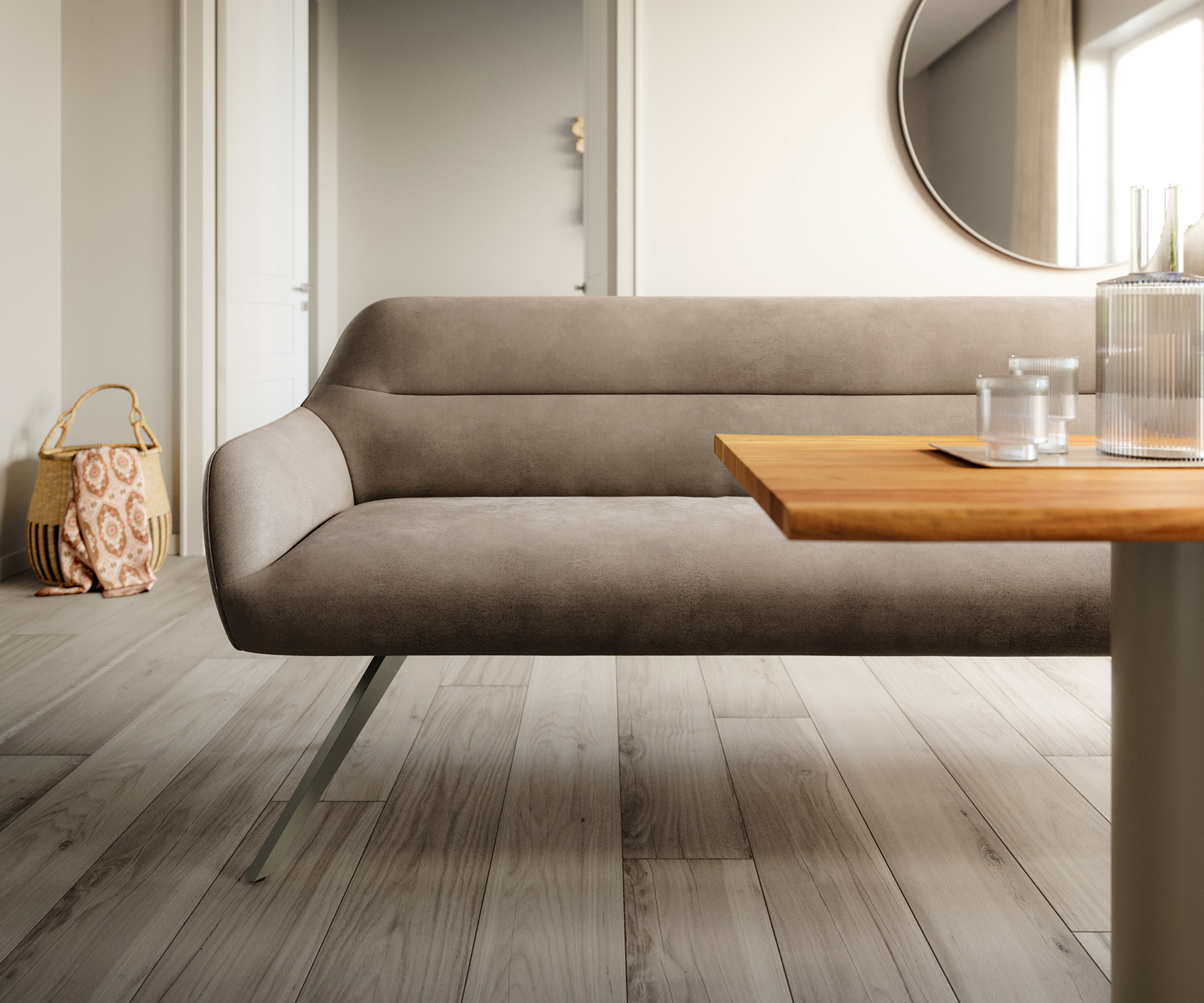 Jedálenská lavica Taya-Flex 300 cm mikrovlákno taupe vintage krížová podstava hranatá titánová farba vrecková pružina - Image 2