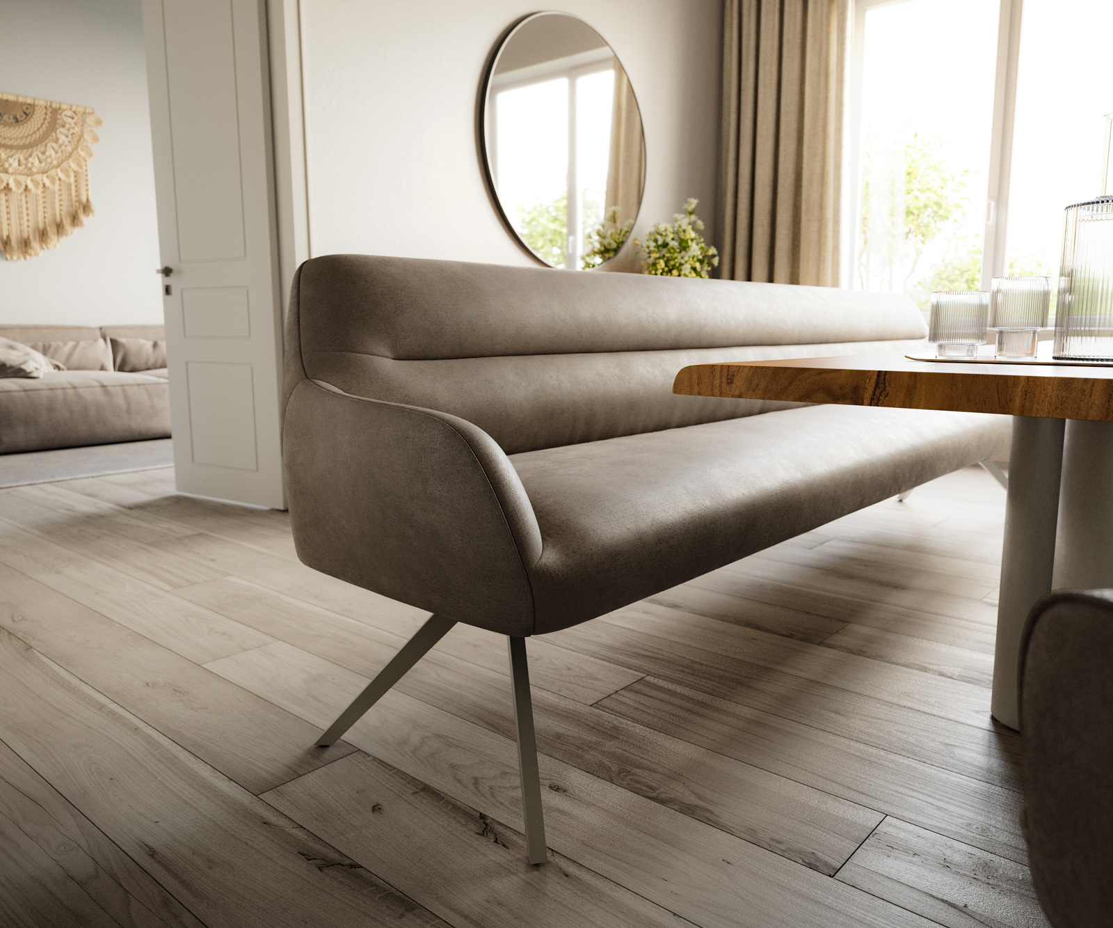 Jedálenská lavica Taya-Flex 300 cm mikrovlákno taupe vintage krížová podstava hranatá titánová farba vrecková pružina - Image 5