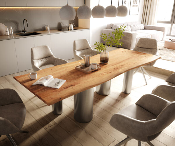 Jedálenský stôl Edge 260×100 akácia prírodná pilier nerezová oceľ kefovaný Live-Edge