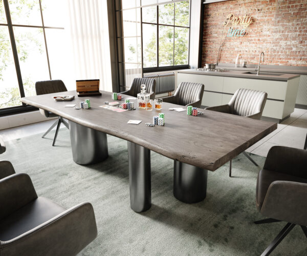 Jedálenský stôl Edge 260×100 cm akácia platinová troa nerezová oceľ grafitová Live-Edge