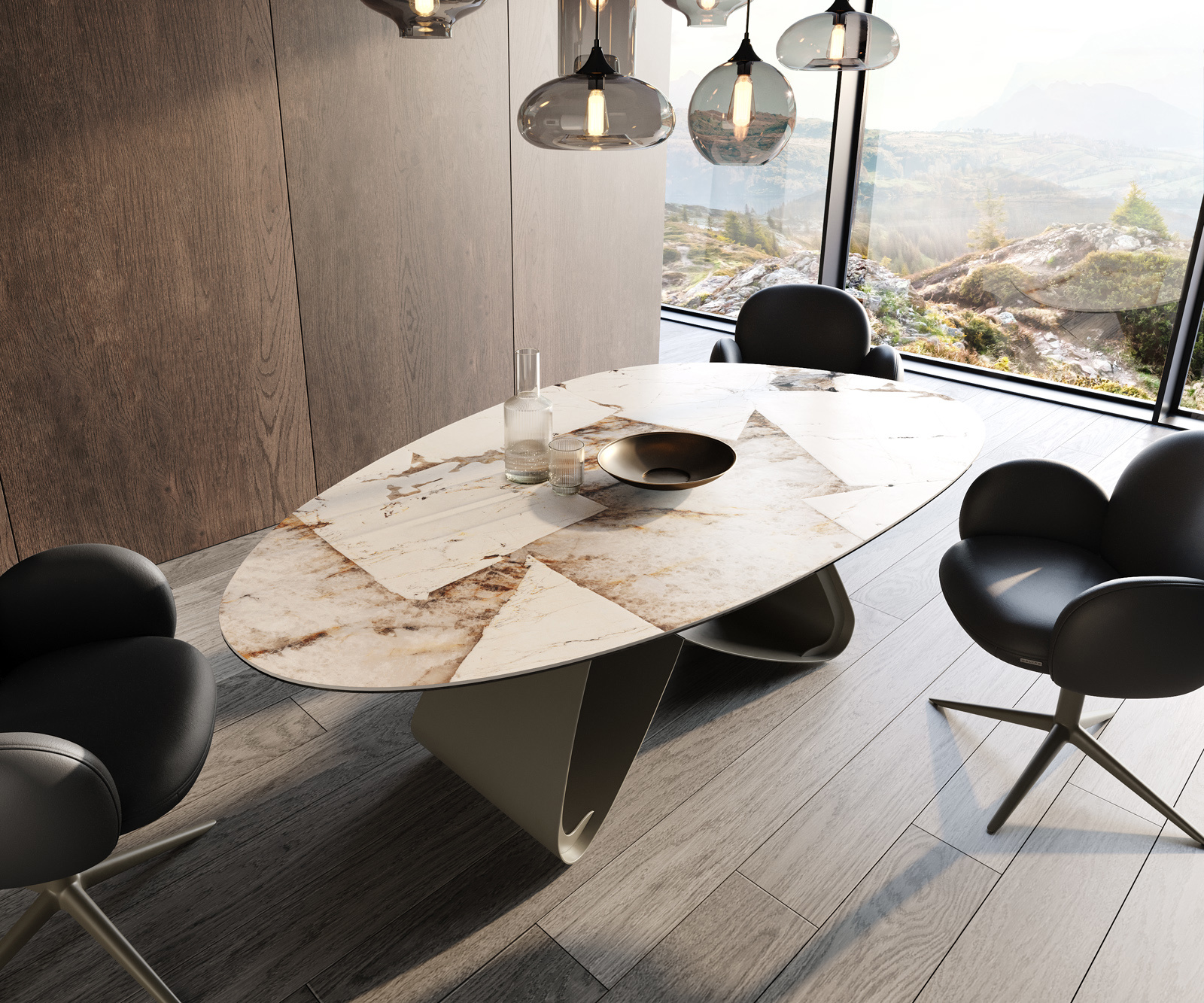 Jedálenský stôl Edge oválny 220×120 keramika iris FMG Patagonia Lappato podstava v tvare W kov titánová farba