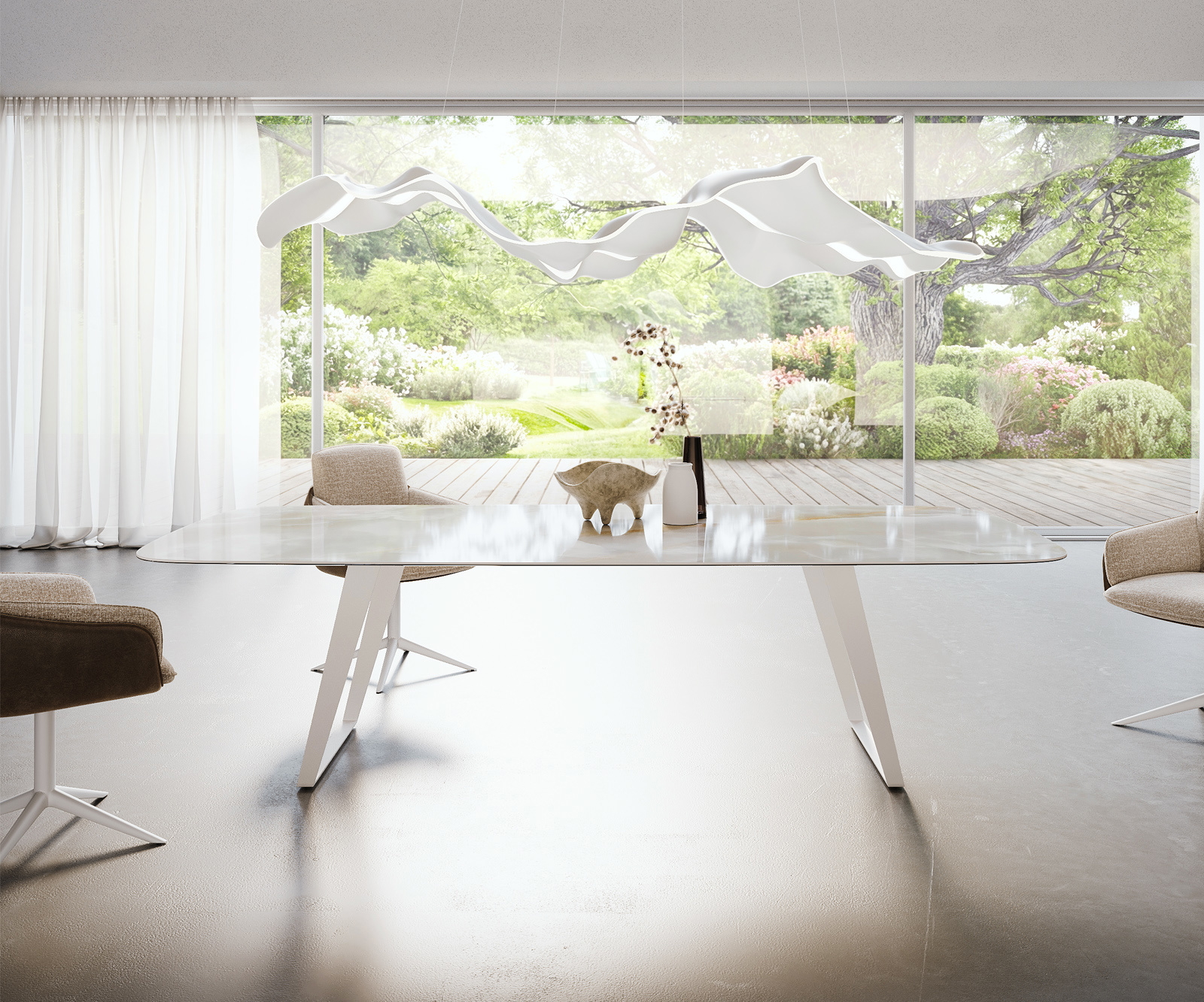 Jedálenský stôl Edge zaoblený 270×120 cm keramika Iris FMG Onice Grigio kov šikmý biela - Image 2