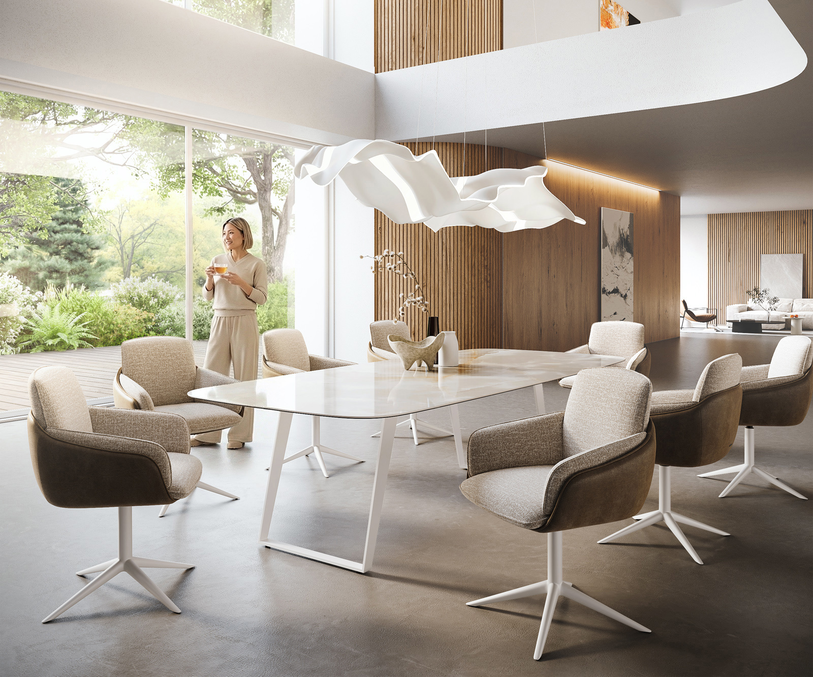 Jedálenský stôl Edge zaoblený 270×120 cm keramika Iris FMG Onice Grigio kov šikmý biela - Image 7