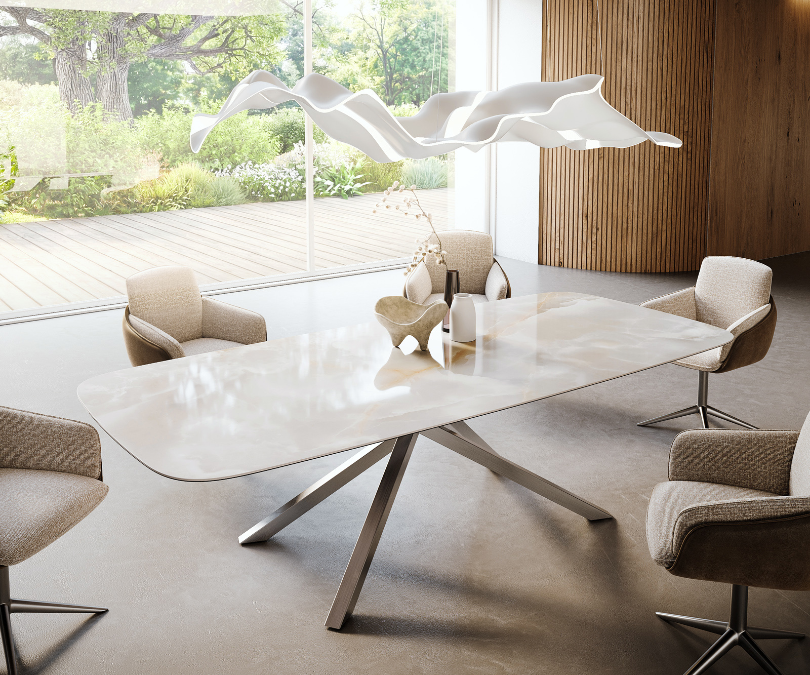 Jedálenský stôl Edge zaoblený tvar 270×120 cm keramika Iris FMG Onice Grigio krížová podstava obdĺžniková nerezová oceľ