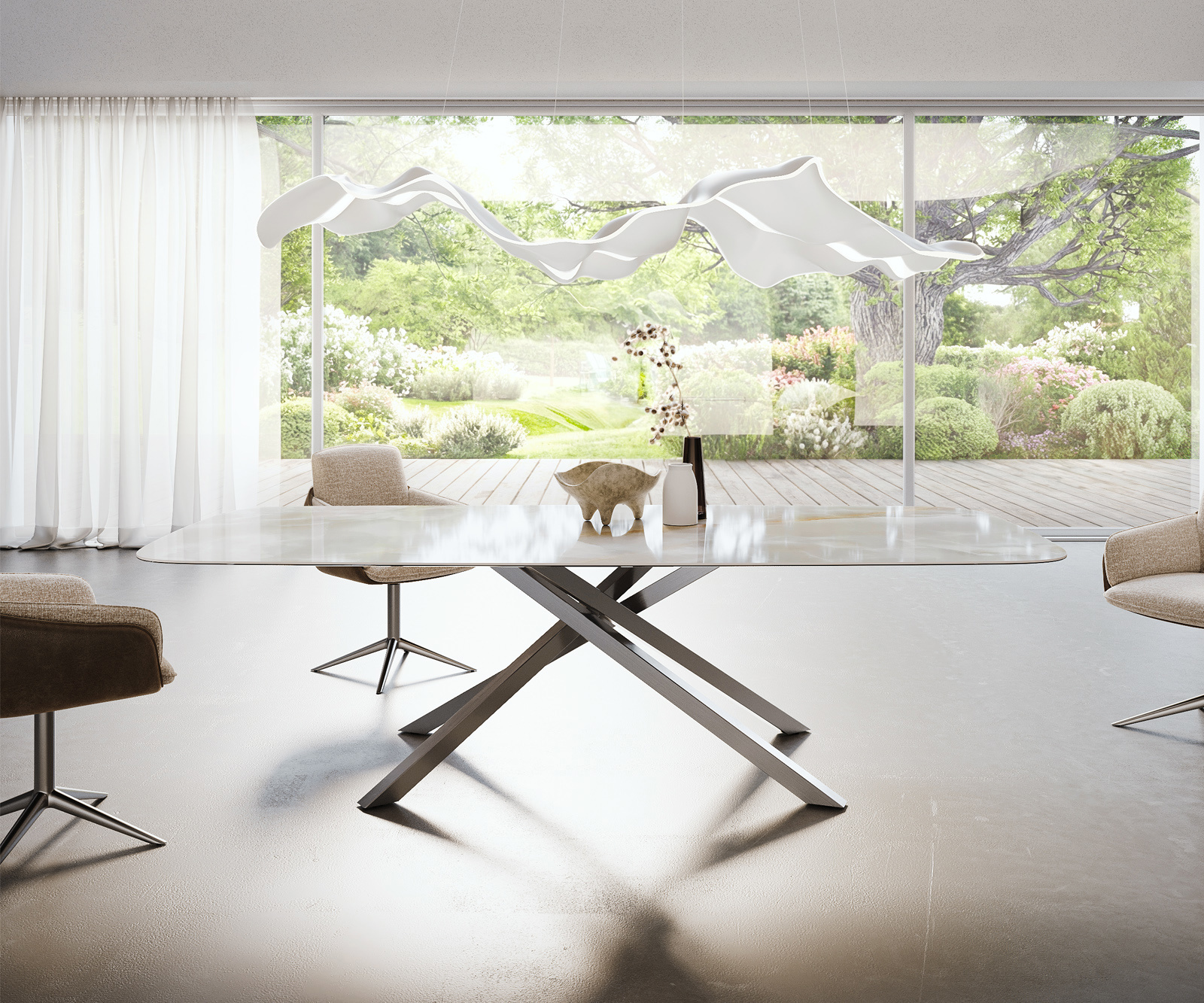 Jedálenský stôl Edge zaoblený tvar 270×120 cm keramika Iris FMG Onice Grigio krížová podstava obdĺžniková nerezová oceľ - Image 2