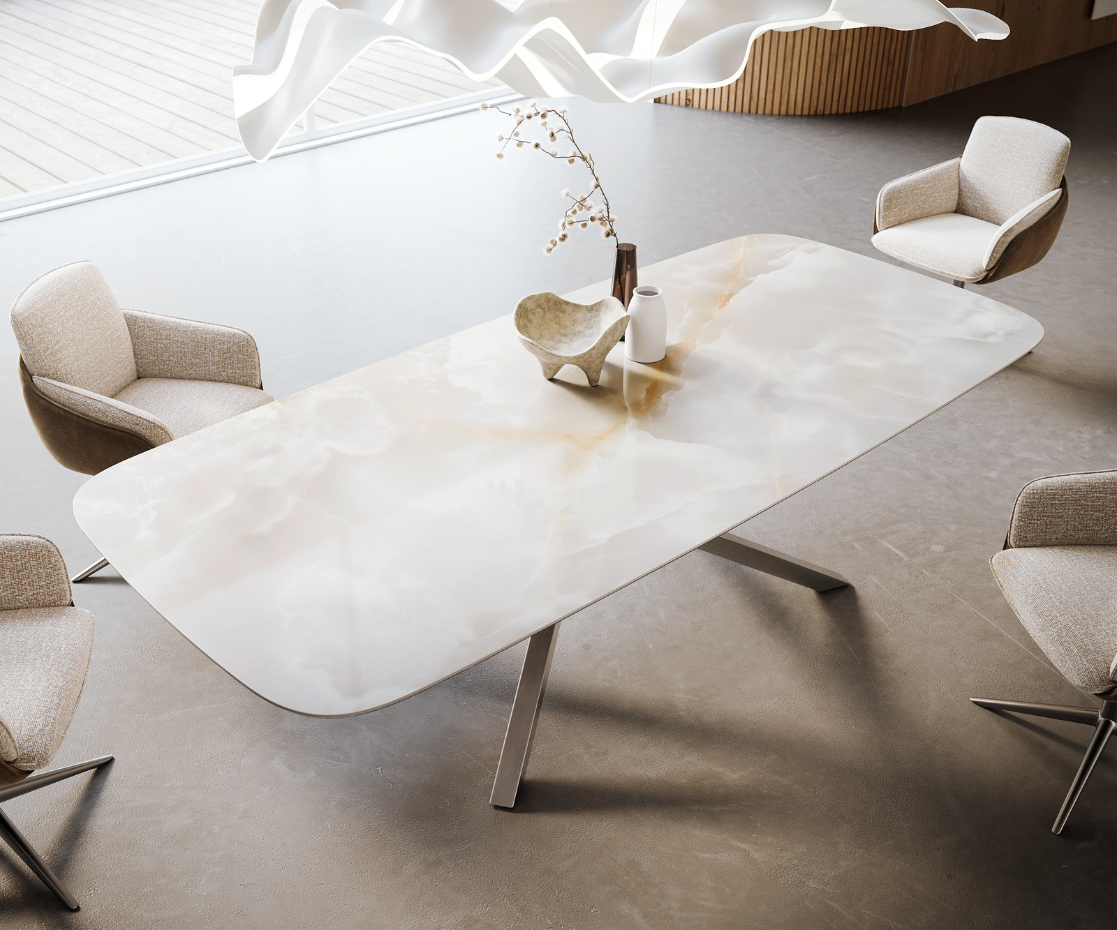 Jedálenský stôl Edge zaoblený tvar 270×120 cm keramika Iris FMG Onice Grigio krížová podstava obdĺžniková nerezová oceľ - Image 4