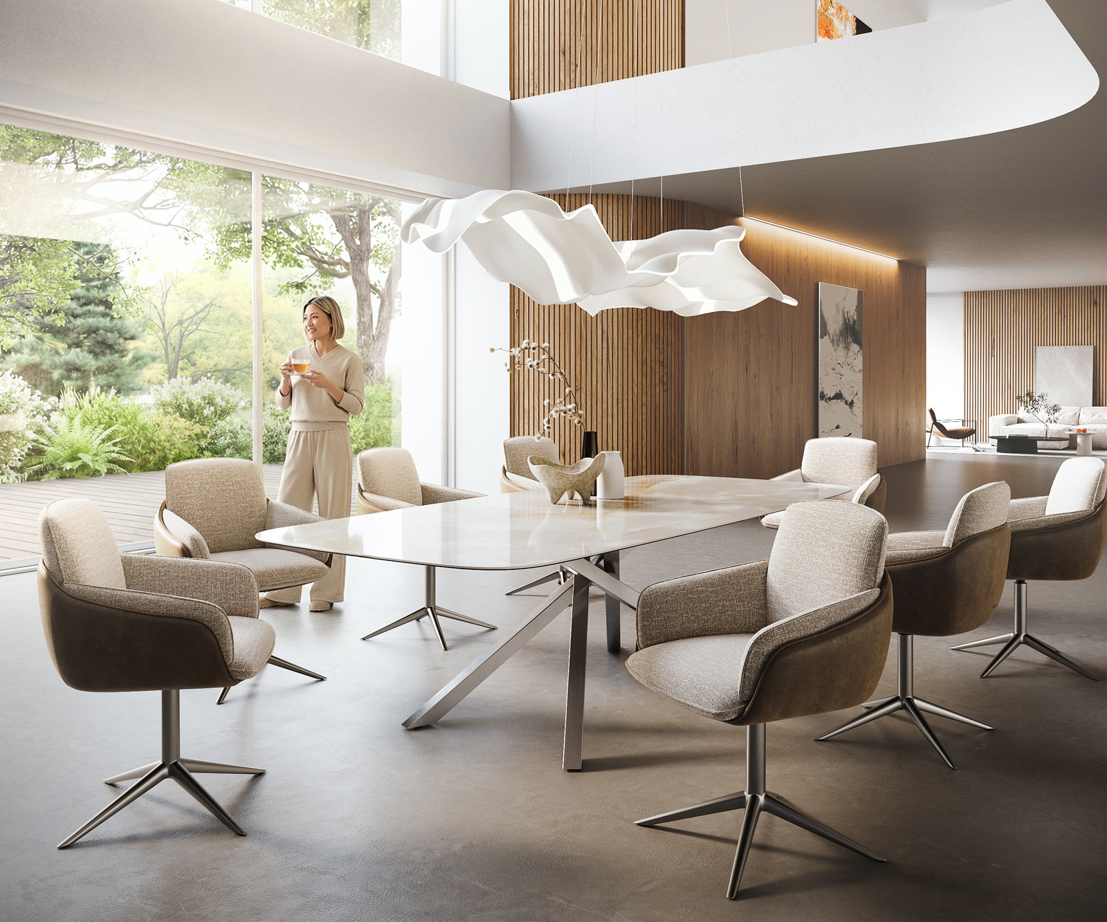 Jedálenský stôl Edge zaoblený tvar 270×120 cm keramika Iris FMG Onice Grigio krížová podstava obdĺžniková nerezová oceľ - Image 7