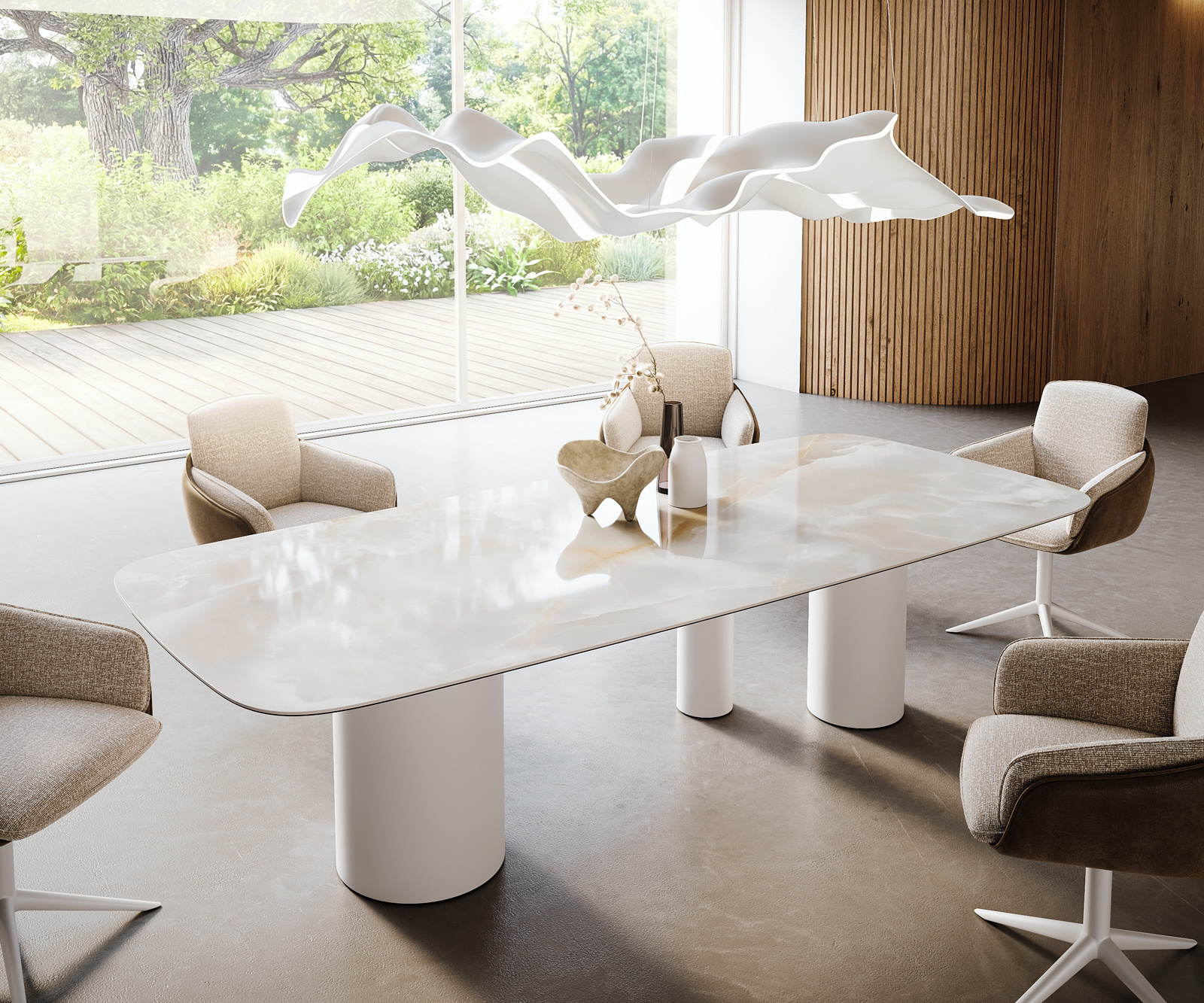 Jedálenský stôl Edge zaoblený tvar 270×120 cm keramika Iris FMG Onice Grigio Troa kov biela