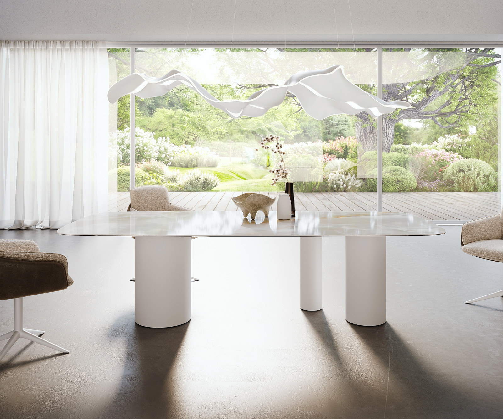 Jedálenský stôl Edge zaoblený tvar 270×120 cm keramika Iris FMG Onice Grigio Troa kov biela - Image 2