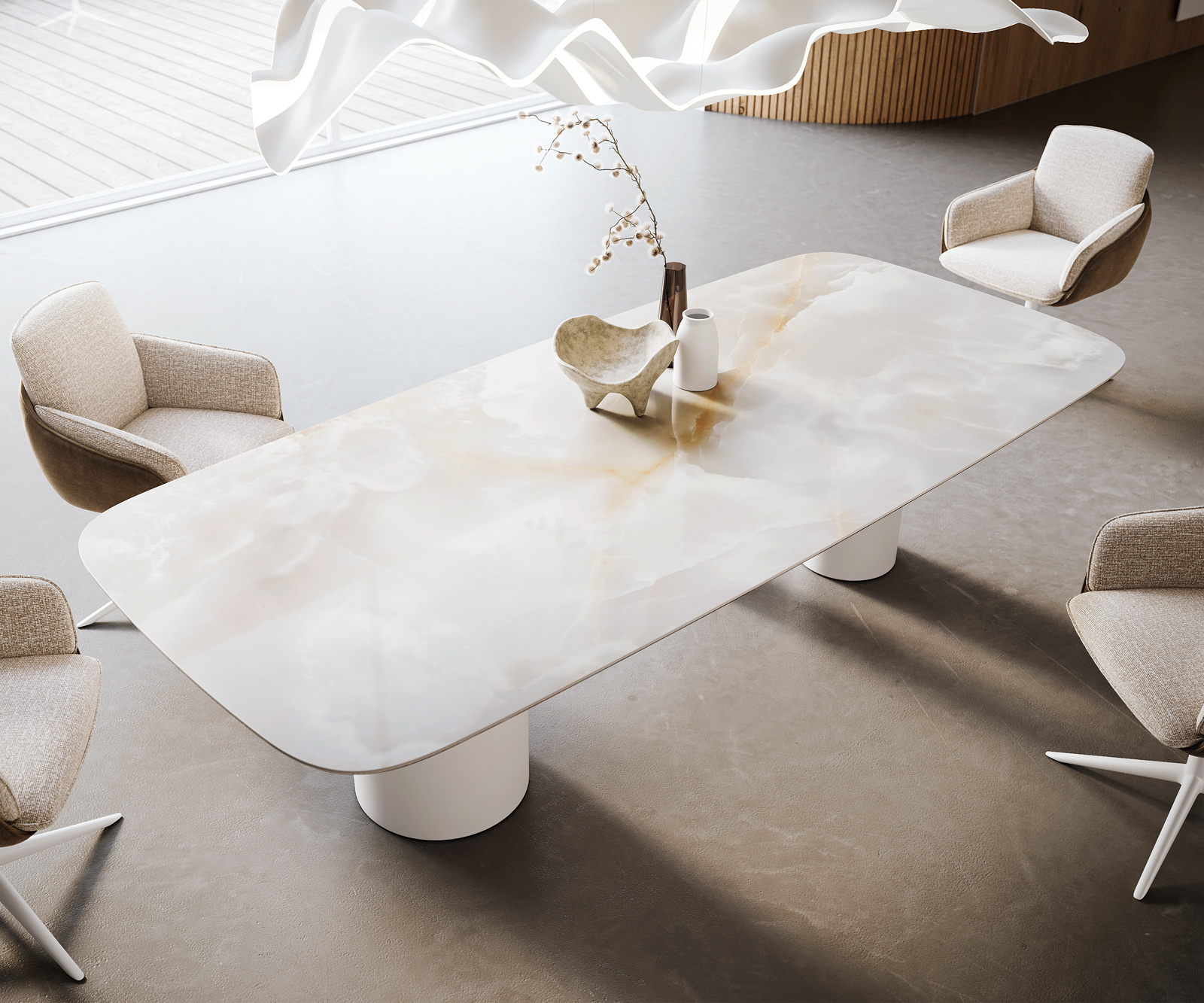 Jedálenský stôl Edge zaoblený tvar 270×120 cm keramika Iris FMG Onice Grigio Troa kov biela - Image 4