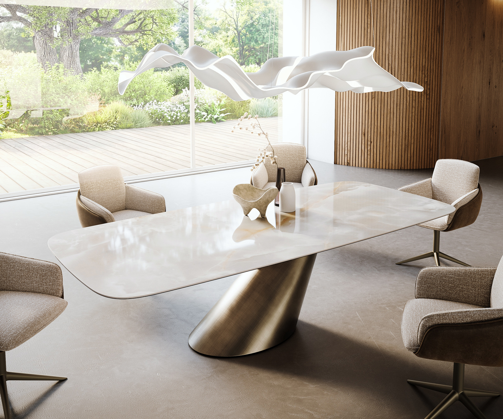 Jedálenský stôl Edge zaoblený 270×120 cm keramika Iris FMG Onice Grigio kužeľový metalická zlatá