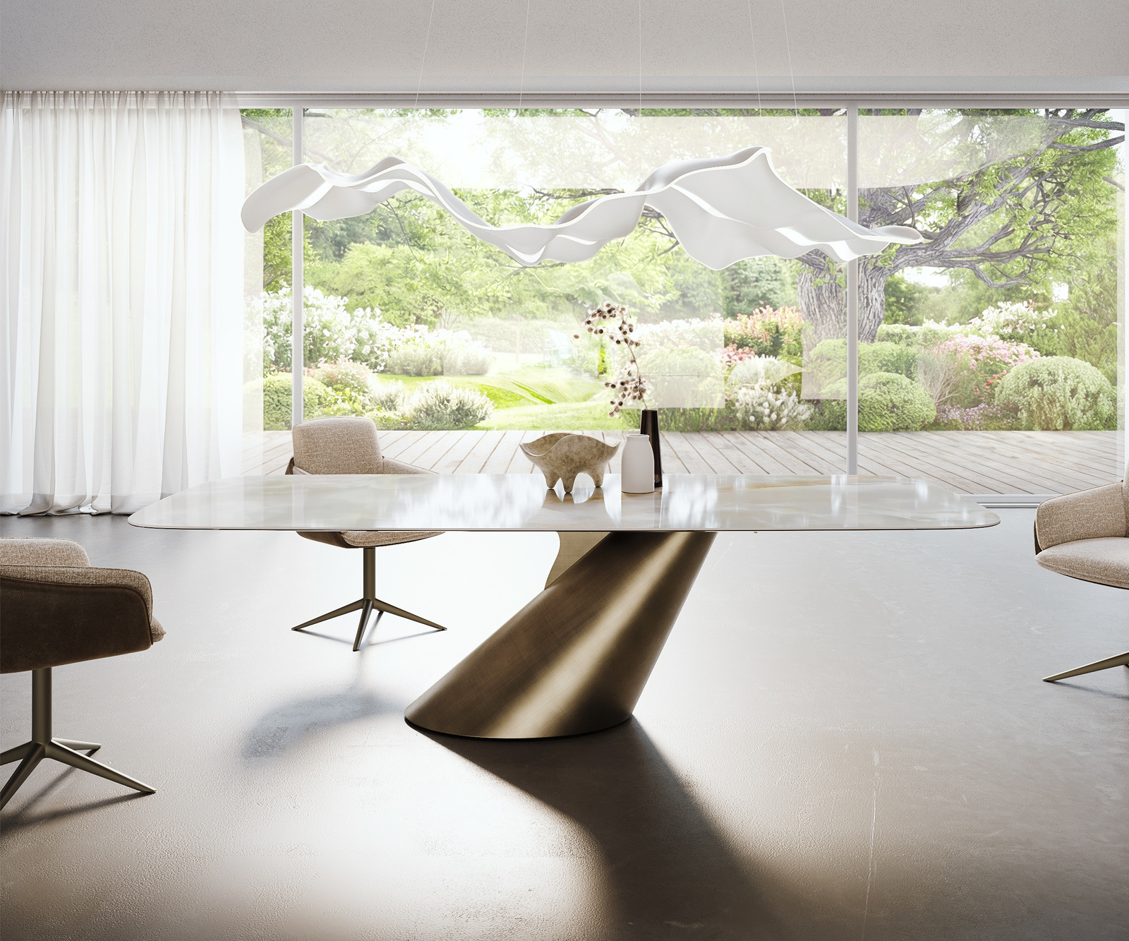 Jedálenský stôl Edge zaoblený 270×120 cm keramika Iris FMG Onice Grigio kužeľový metalická zlatá - Image 2