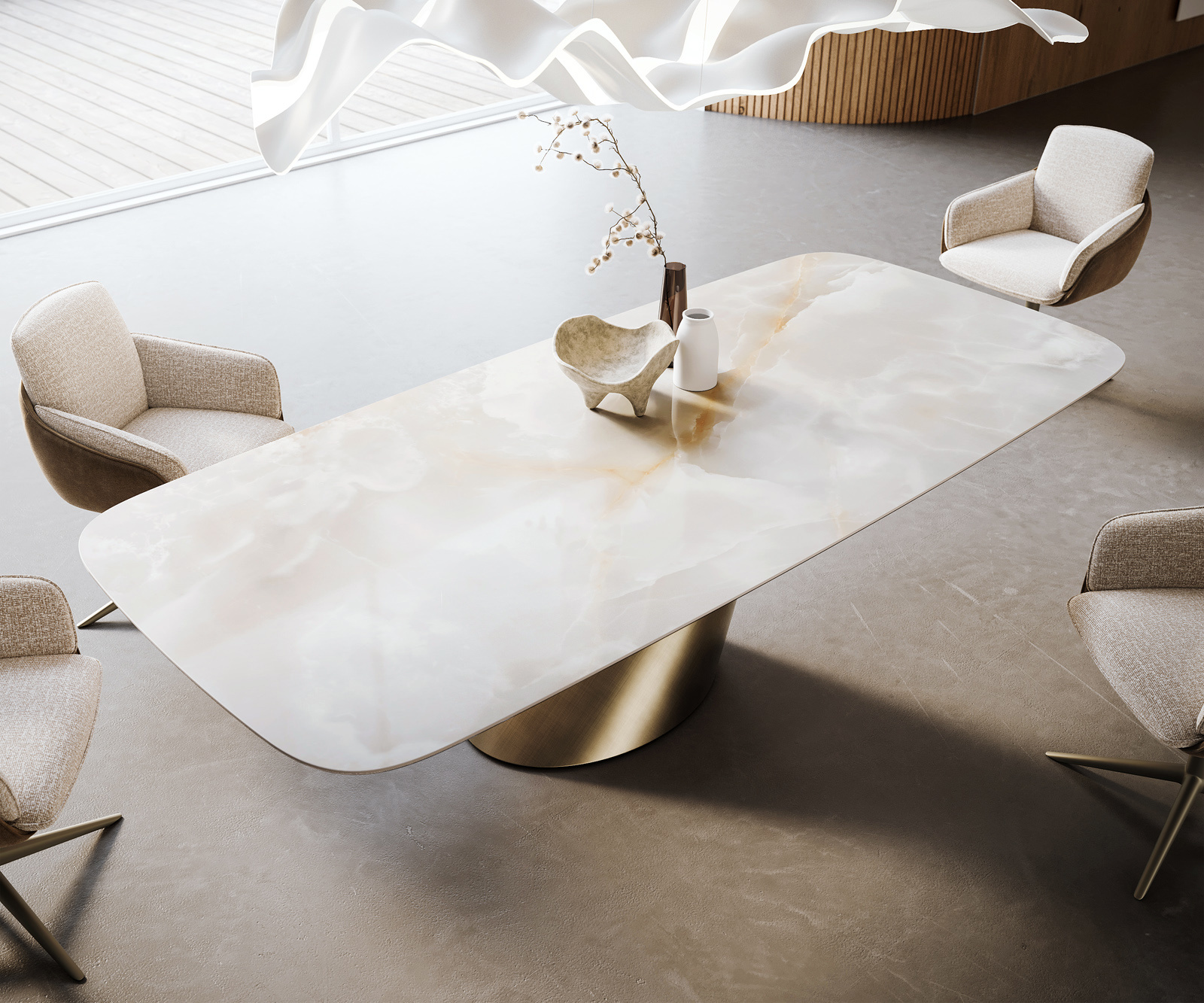 Jedálenský stôl Edge zaoblený 270×120 cm keramika Iris FMG Onice Grigio kužeľový metalická zlatá - Image 4