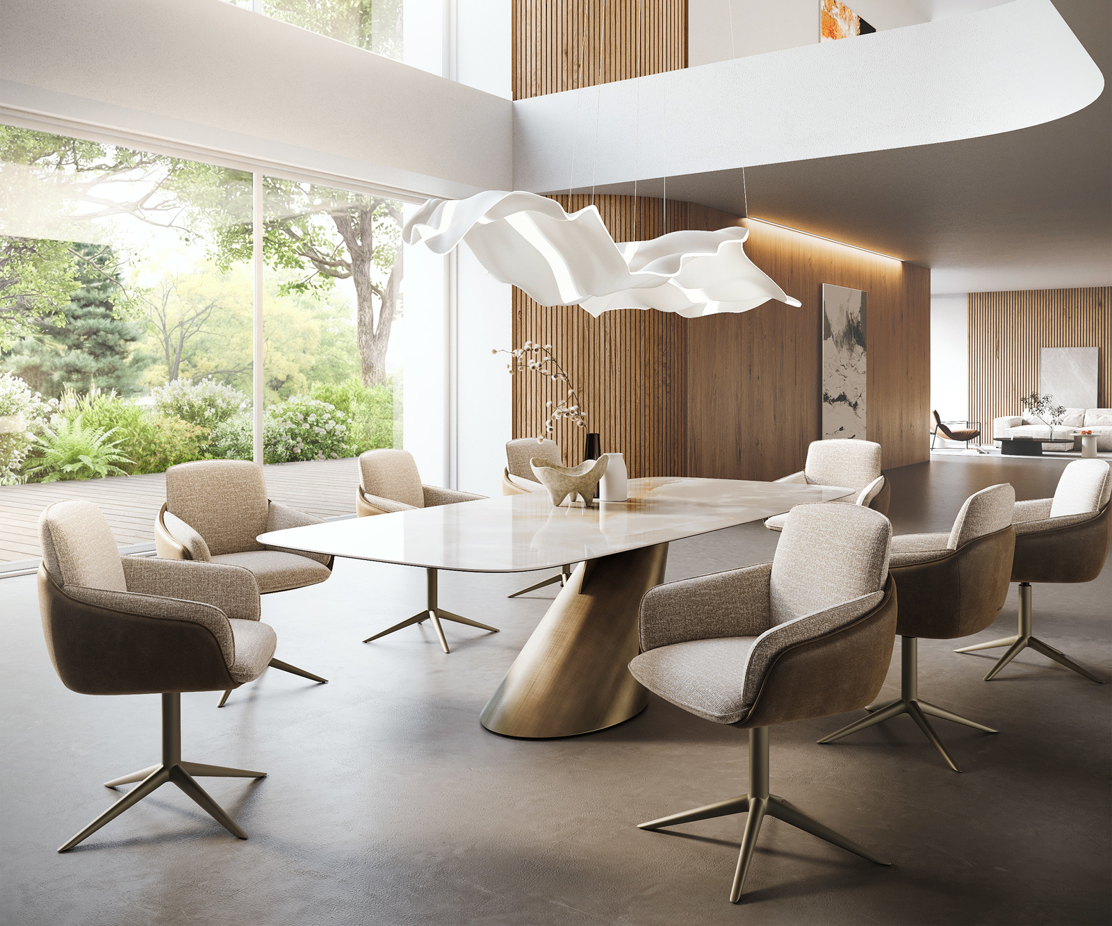 Jedálenský stôl Edge zaoblený 270×120 cm keramika Iris FMG Onice Grigio kužeľový metalická zlatá - Image 7