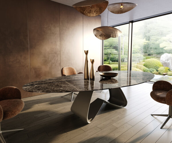 Jedálenský stôl Edge oválny 315×150 cm keramika emperador extra lucidato tmavohnedá podstava v tvare W kov titánová farba