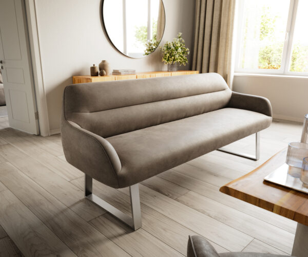 Jedálenská lavica Taya-Flex 200 cm mikrovlákno taupe vintage tenká podstava hranatá nerezová oceľ vrecková pružina