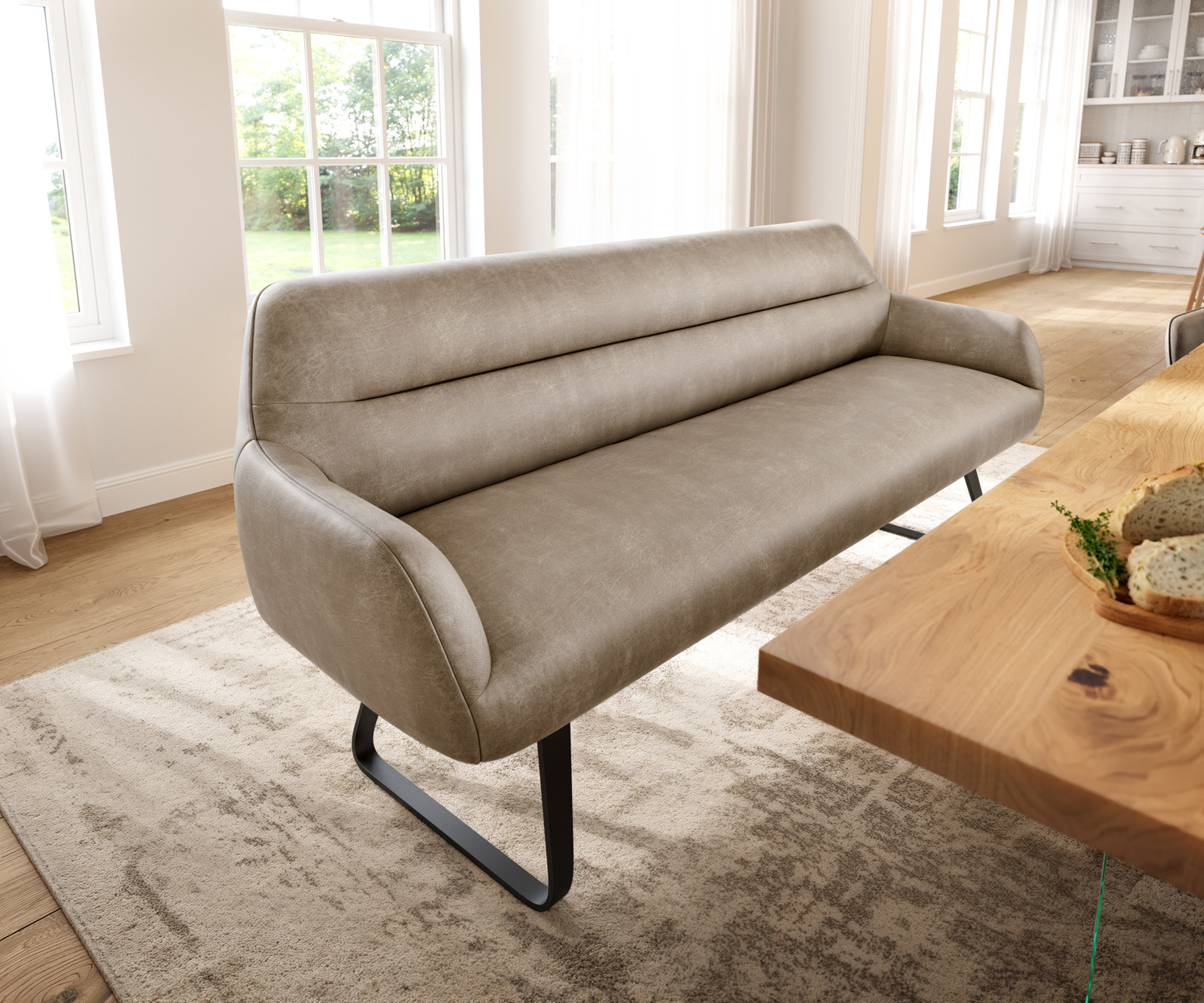 Jedálenská lavica Taya-Flex 200 cm mikrovlákno béžová vintage tenká podstava plochá čierna vrecková pružina