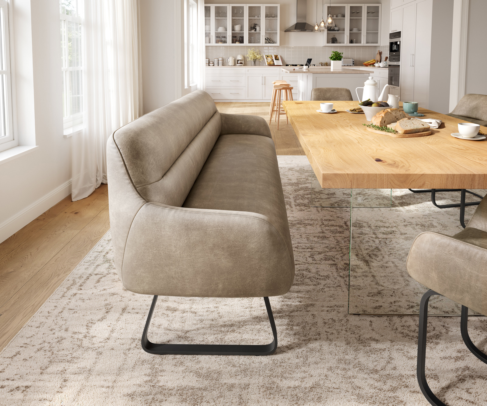 Jedálenská lavica Taya-Flex 200 cm mikrovlákno béžová vintage tenká podstava plochá čierna vrecková pružina - Image 2