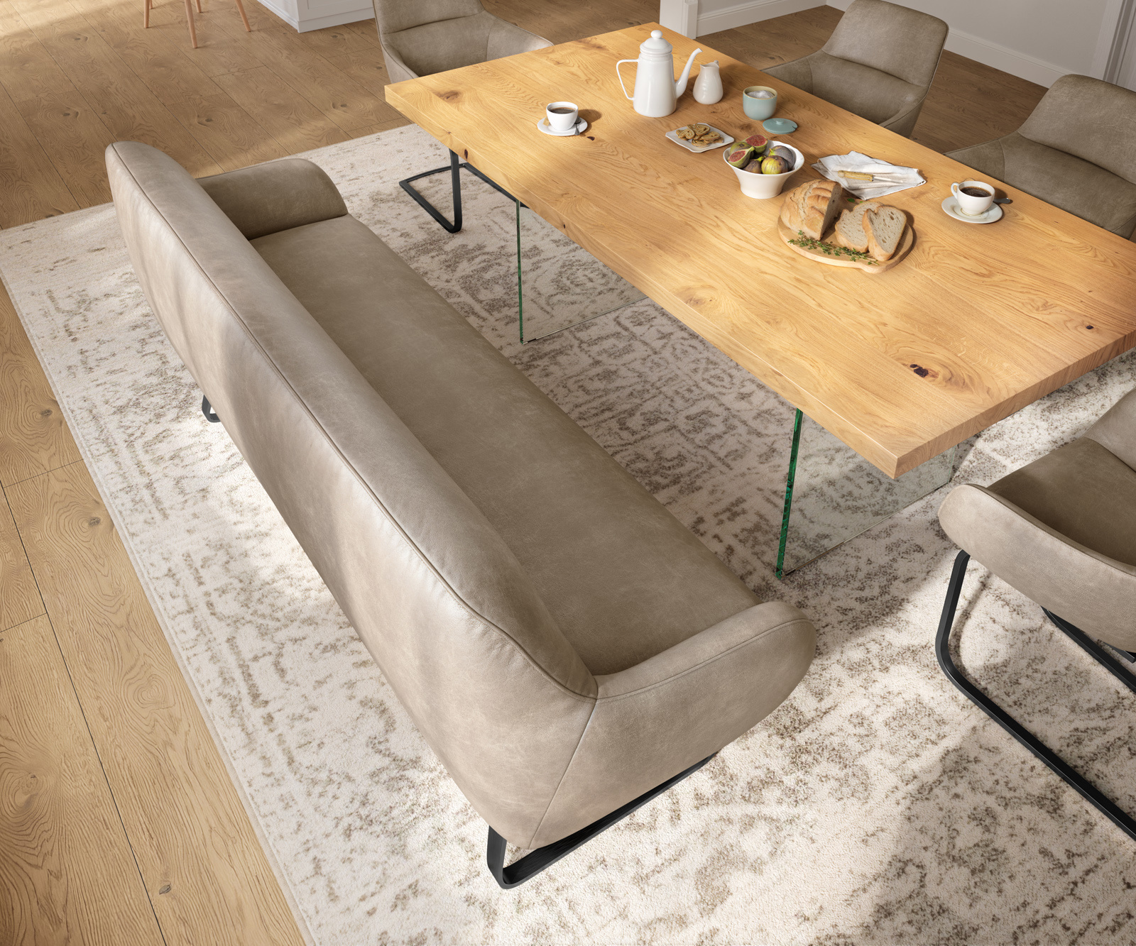 Jedálenská lavica Taya-Flex 200 cm mikrovlákno béžová vintage tenká podstava plochá čierna vrecková pružina - Image 4