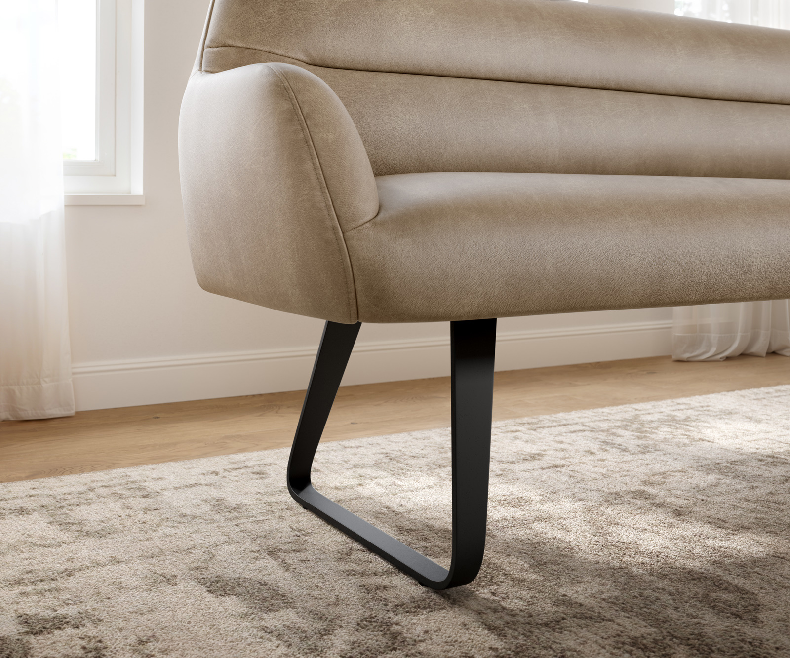 Jedálenská lavica Taya-Flex 200 cm mikrovlákno béžová vintage tenká podstava plochá čierna vrecková pružina - Image 5