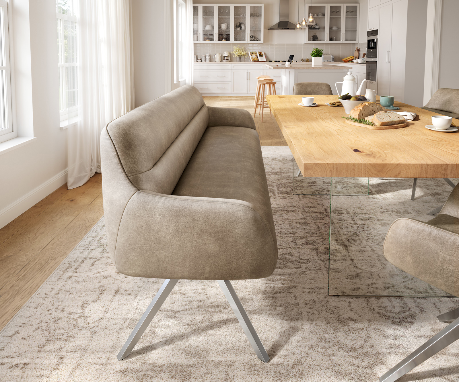 Jedálenská lavica Taya-Flex 200 cm mikrovlákno béžová vintage krížová podstava hranatá nerezová oceľ vrecková pružina - Image 2