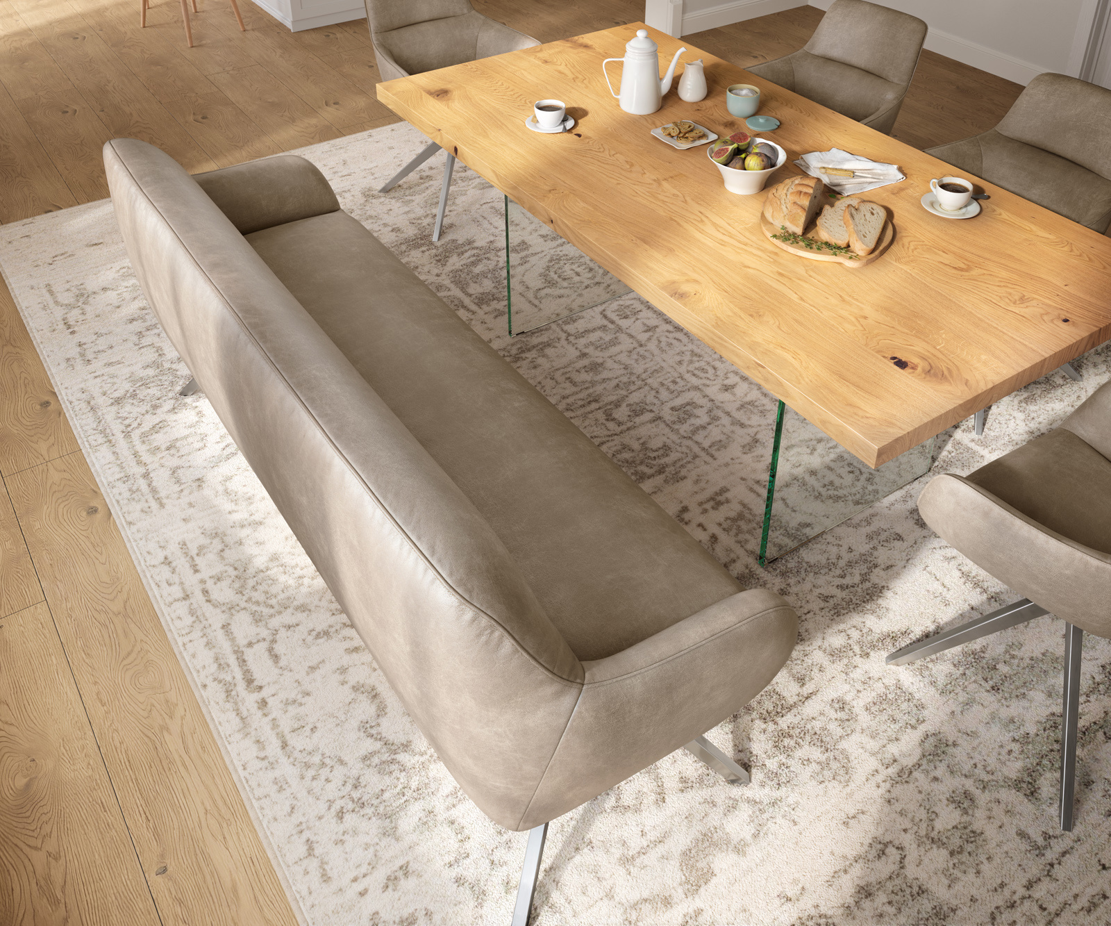 Jedálenská lavica Taya-Flex 200 cm mikrovlákno béžová vintage krížová podstava hranatá nerezová oceľ vrecková pružina - Image 4