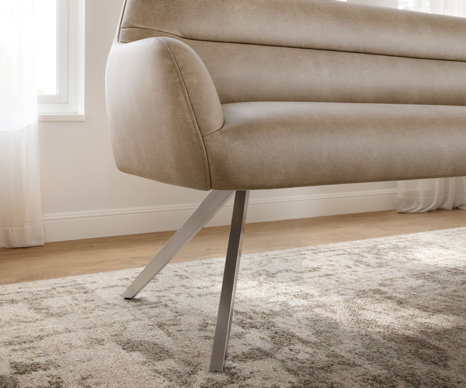 Jedálenská lavica Taya-Flex 200 cm mikrovlákno béžová vintage krížová podstava hranatá nerezová oceľ vrecková pružina - Image 5