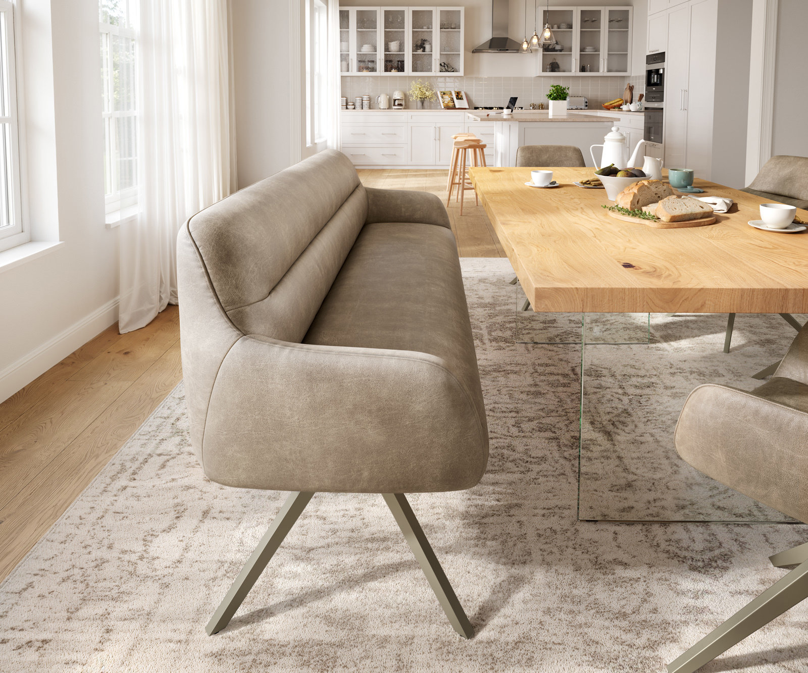 Jedálenská lavica Taya-Flex 200 cm mikrovlákno béžová vintage krížová podstava hranatá titánová farba vrecková pružina - Image 2