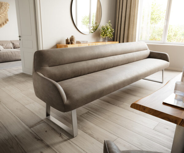 Jedálenská lavica Taya-Flex 300 cm mikrovlákno taupe vintage tenká podstava hranatá nerezová oceľ vrecková pružina