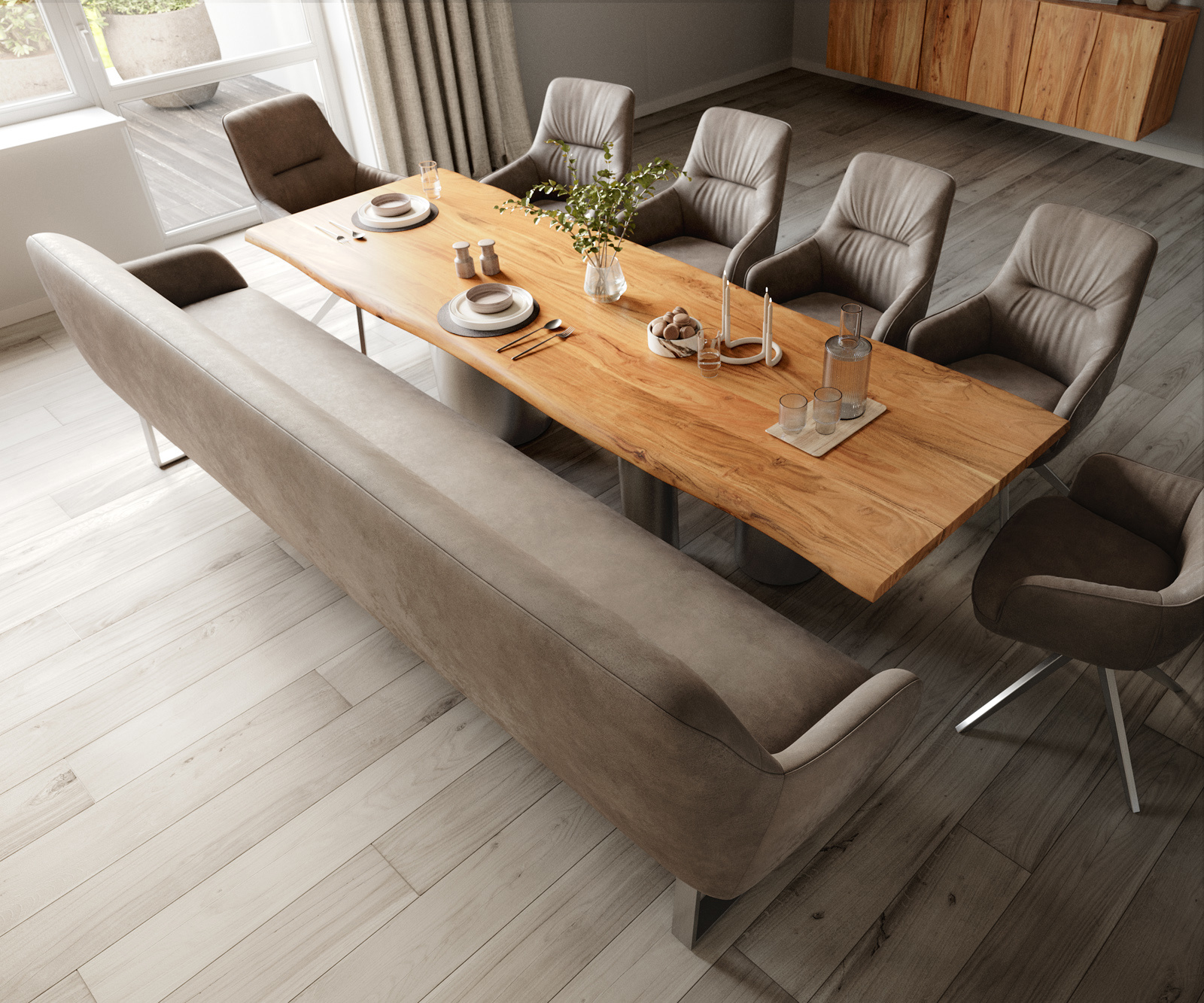Jedálenská lavica Taya-Flex 300 cm mikrovlákno taupe vintage tenká podstava hranatá nerezová oceľ vrecková pružina - Image 4