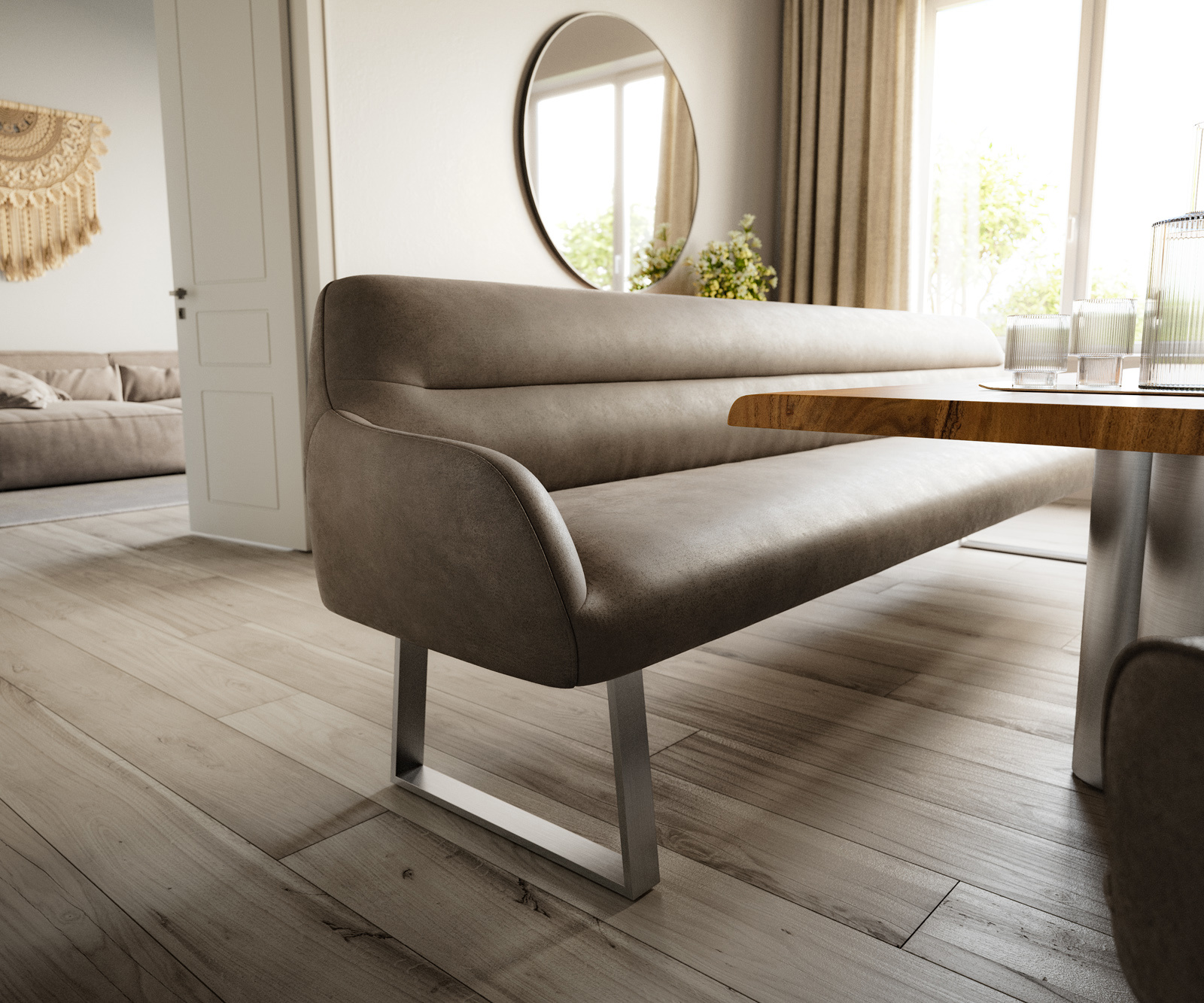 Jedálenská lavica Taya-Flex 300 cm mikrovlákno taupe vintage tenká podstava hranatá nerezová oceľ vrecková pružina - Image 5