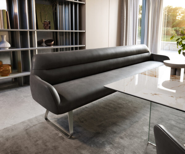 Jedálenská lavica Taya-Flex 300 cm mikrovlákno antracitová vintage tenká podstava plochá nerezová oceľ vrecková pružina