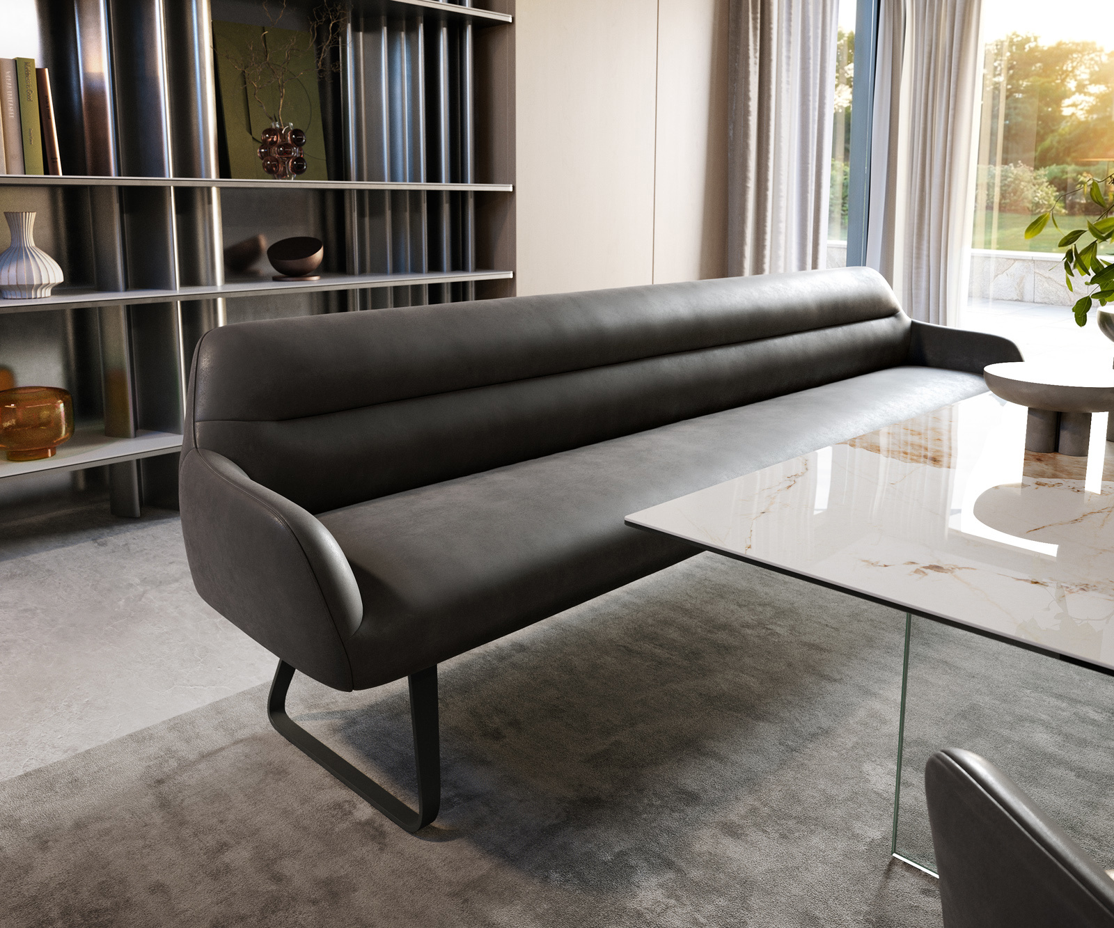 Lavica do jedálne Taya-Flex 300 cm mikrovlákno antracitová vintage čierna tenká podstava vrecková pružina