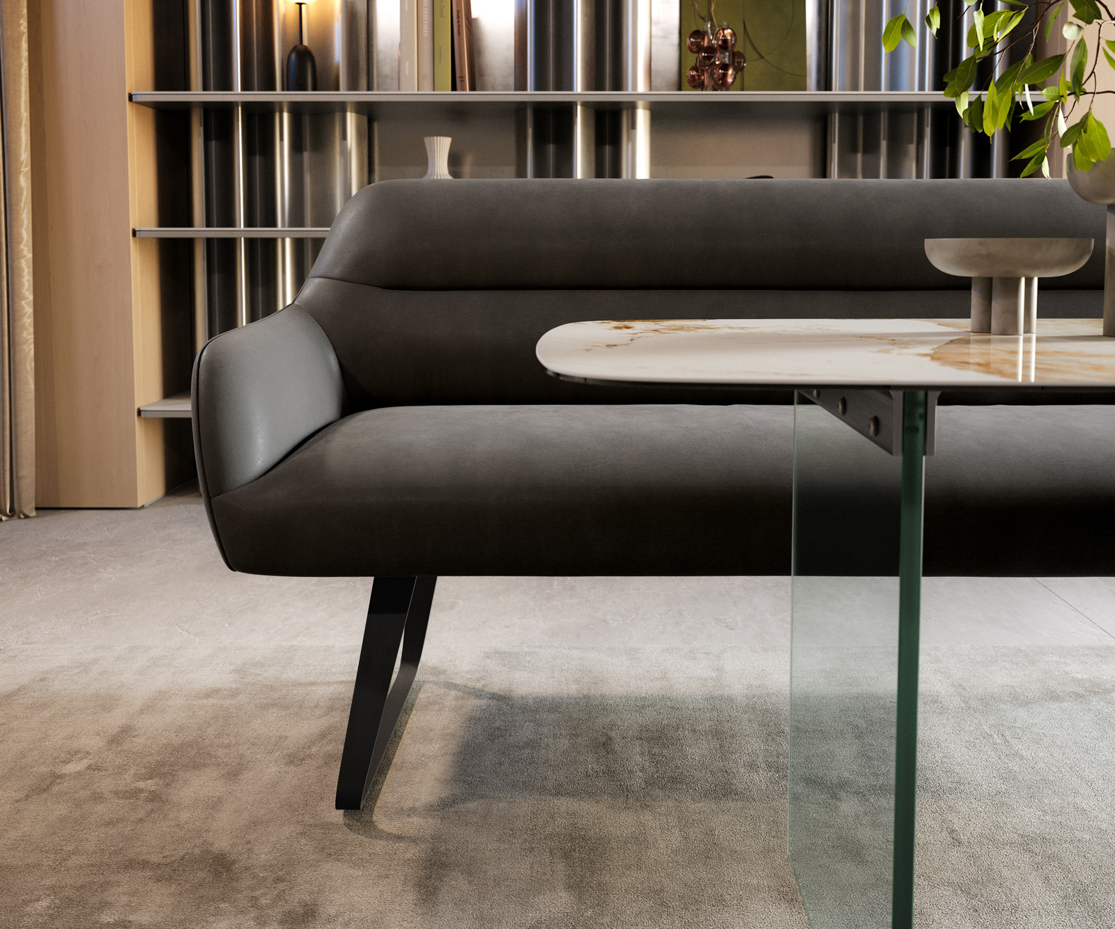 Lavica do jedálne Taya-Flex 300 cm mikrovlákno antracitová vintage čierna tenká podstava vrecková pružina - Image 2