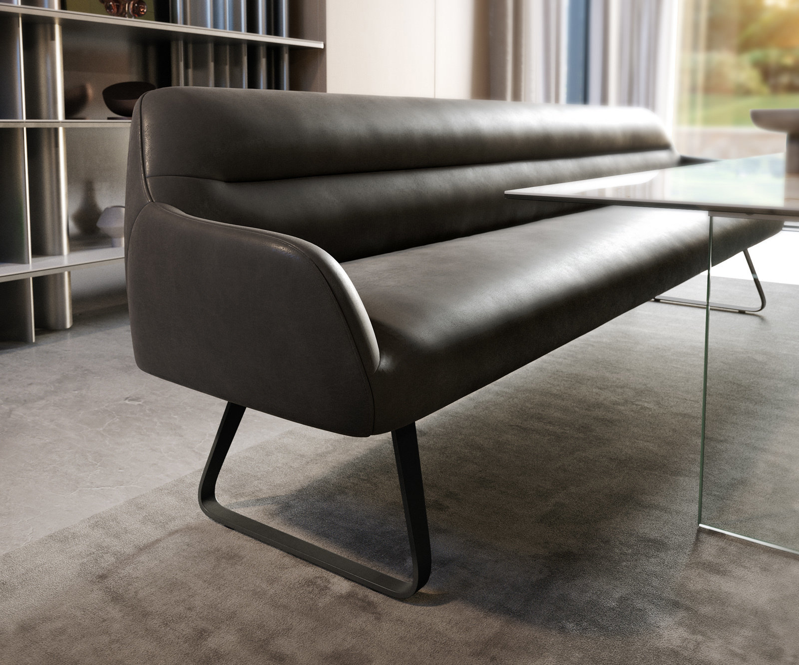 Lavica do jedálne Taya-Flex 300 cm mikrovlákno antracitová vintage čierna tenká podstava vrecková pružina - Image 5